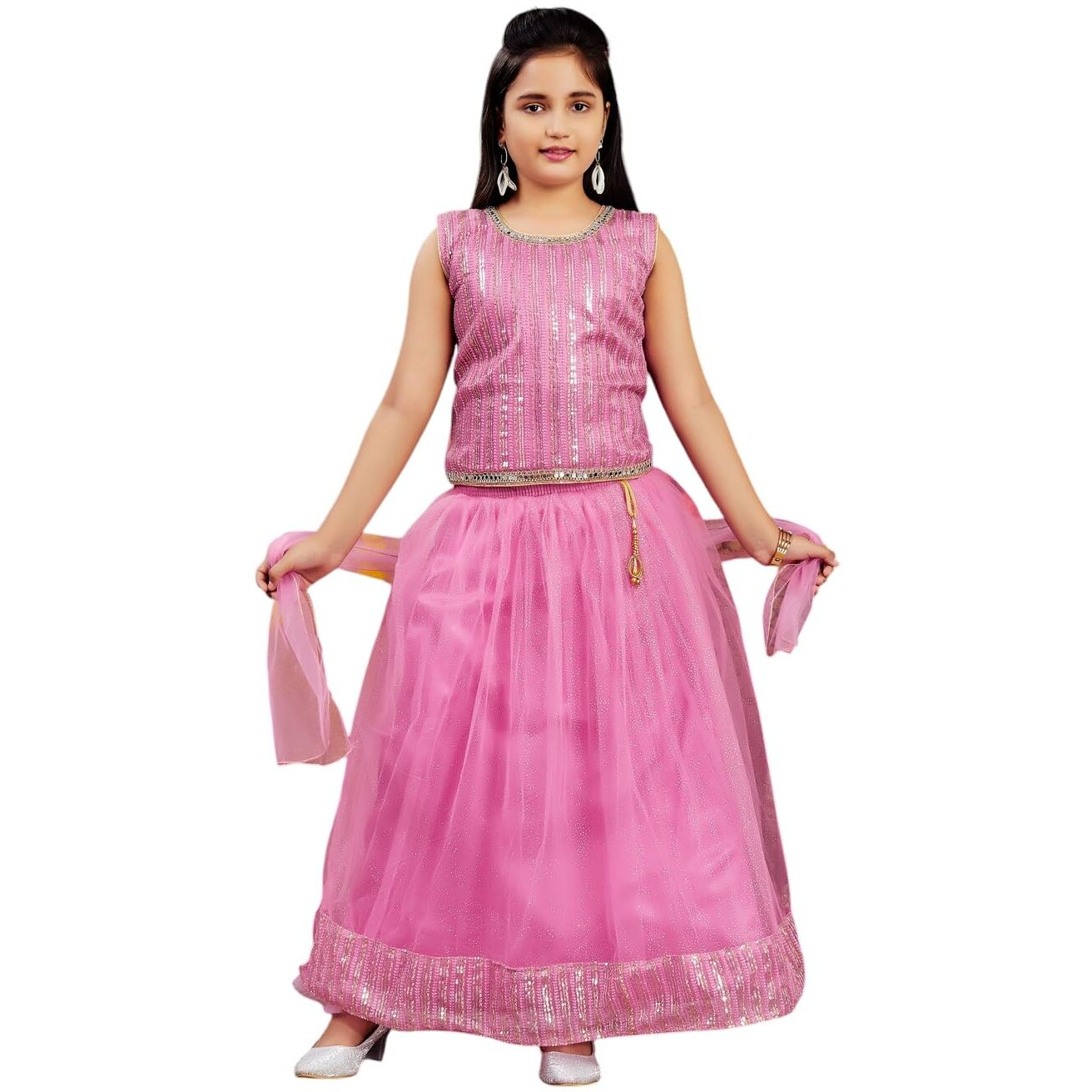 Aarika Girls Ethnic Wear Pink Colour Sequin Embroidery Net Lehenga Choli Set (10-15 Years)