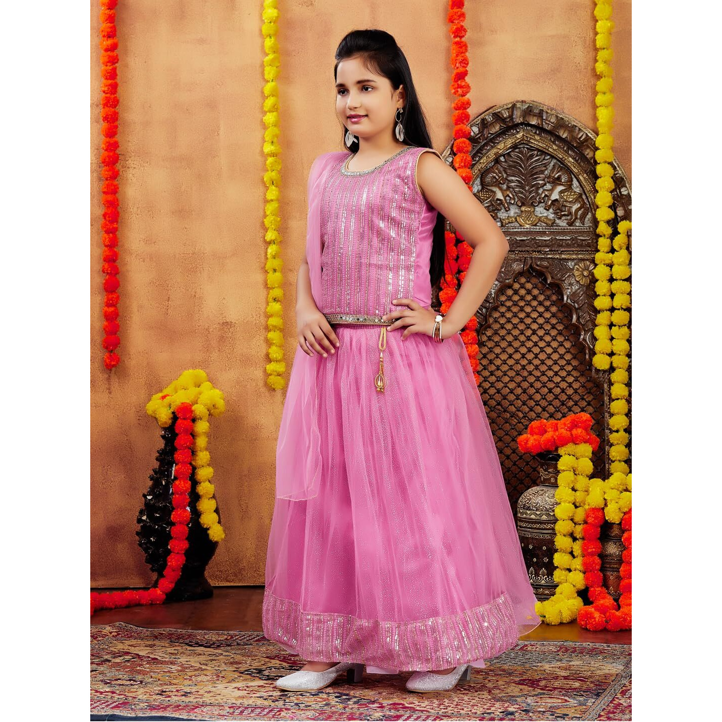 Aarika Girls Ethnic Wear Pink Colour Sequin Embroidery Net Lehenga Choli Set (10-15 Years)