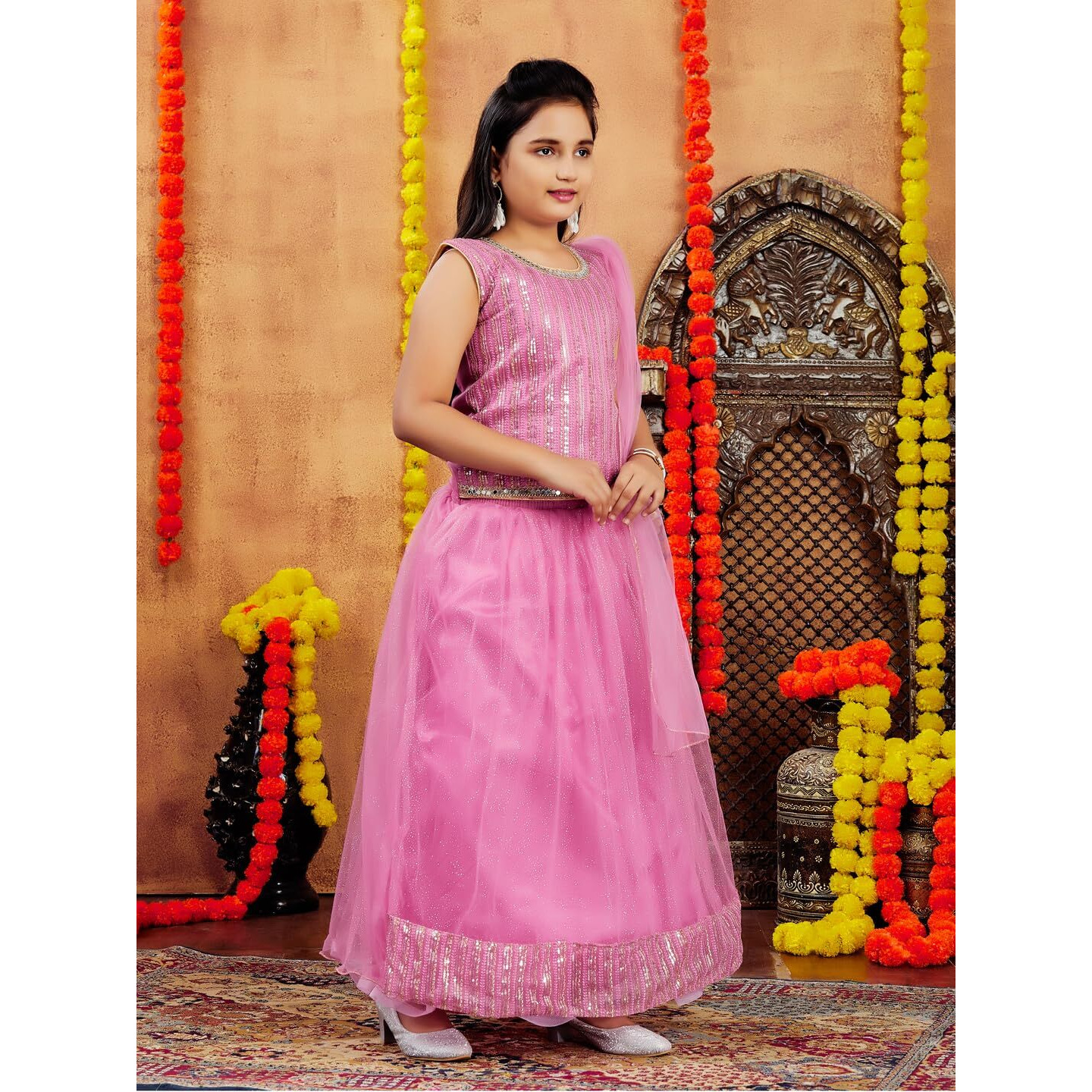 Aarika Girls Ethnic Wear Pink Colour Sequin Embroidery Net Lehenga Choli Set (10-15 Years)