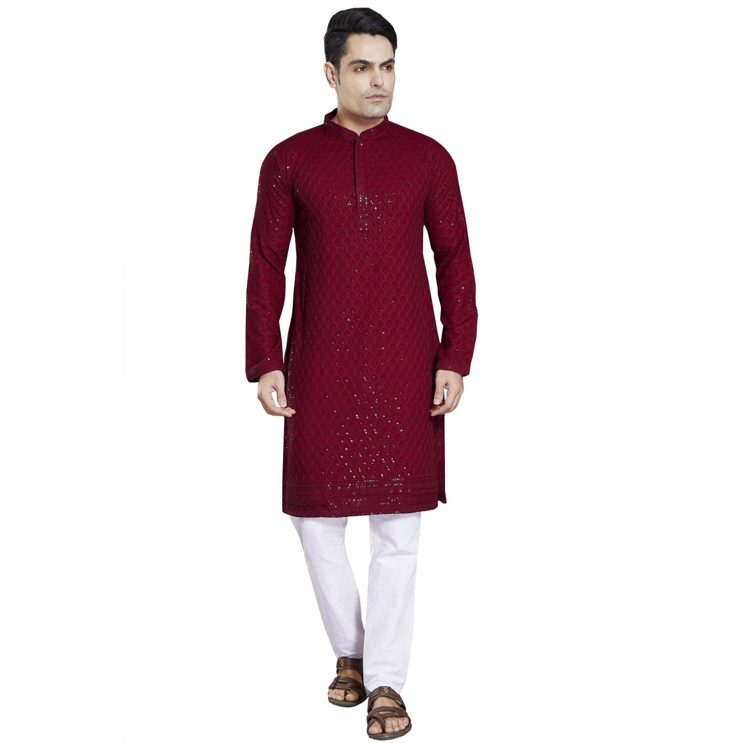 Divisive Men's Sequince Embroidered Cotton Blend Slim Fit Kurta Pyjama Set (Dkrt22_Xxl_Maroon)