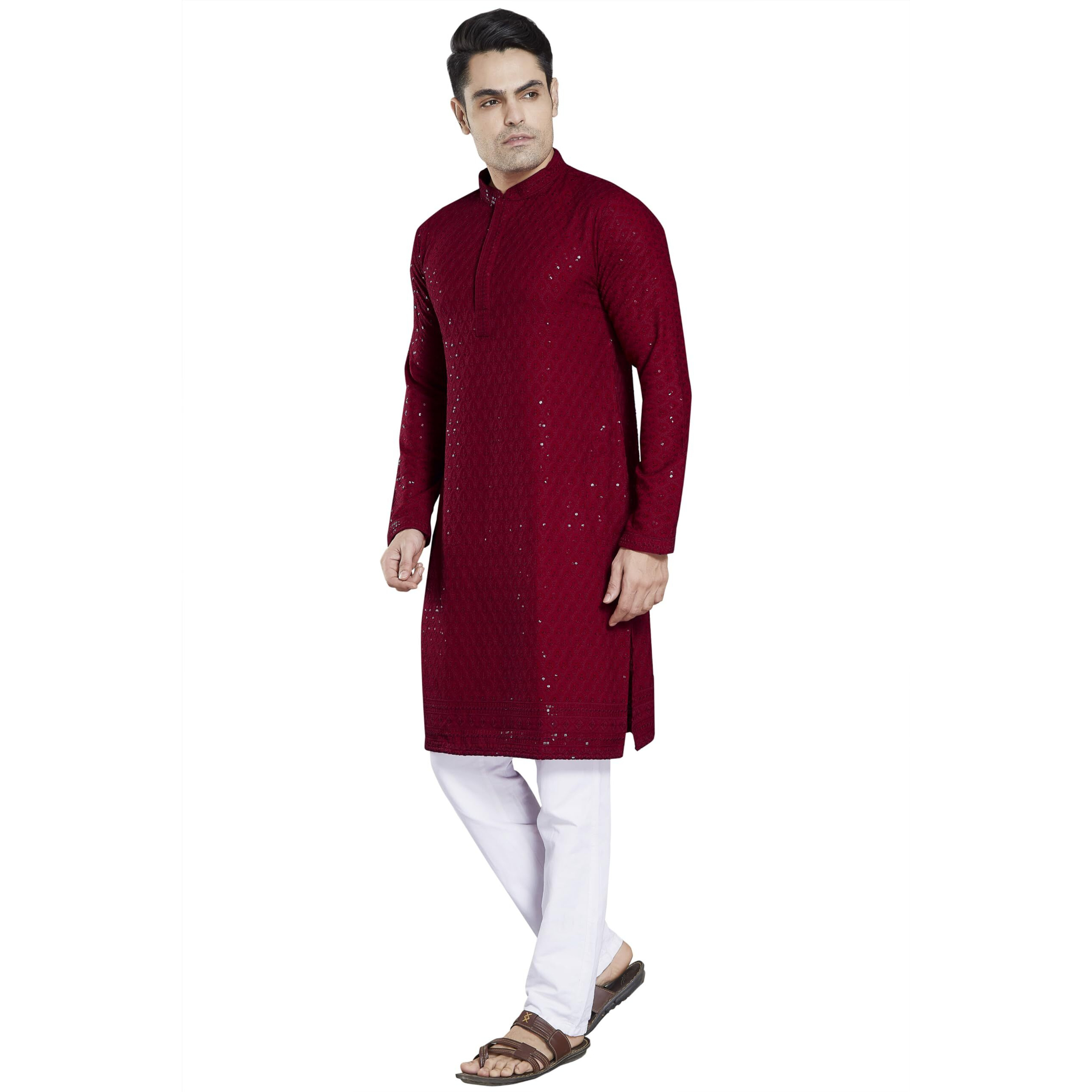 Divisive Men's Sequince Embroidered Cotton Blend Slim Fit Kurta Pyjama Set (Dkrt22_Xxl_Maroon)
