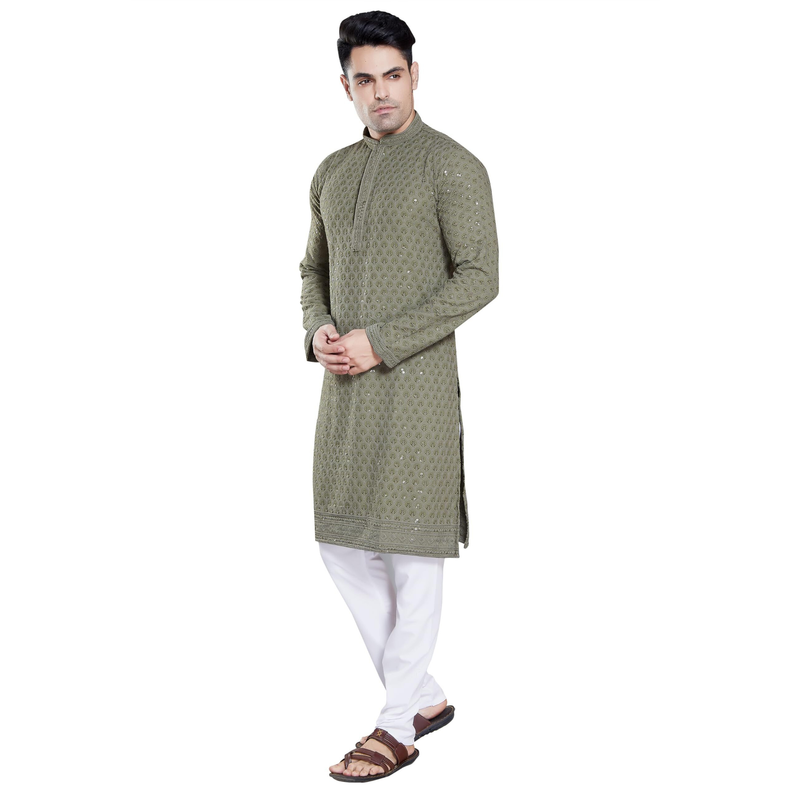 Divisive Men's Sequince Embroidered Cotton Blend Slim Fit Kurta Pyjama Set (Dkrt147_Xl_Olive Green)