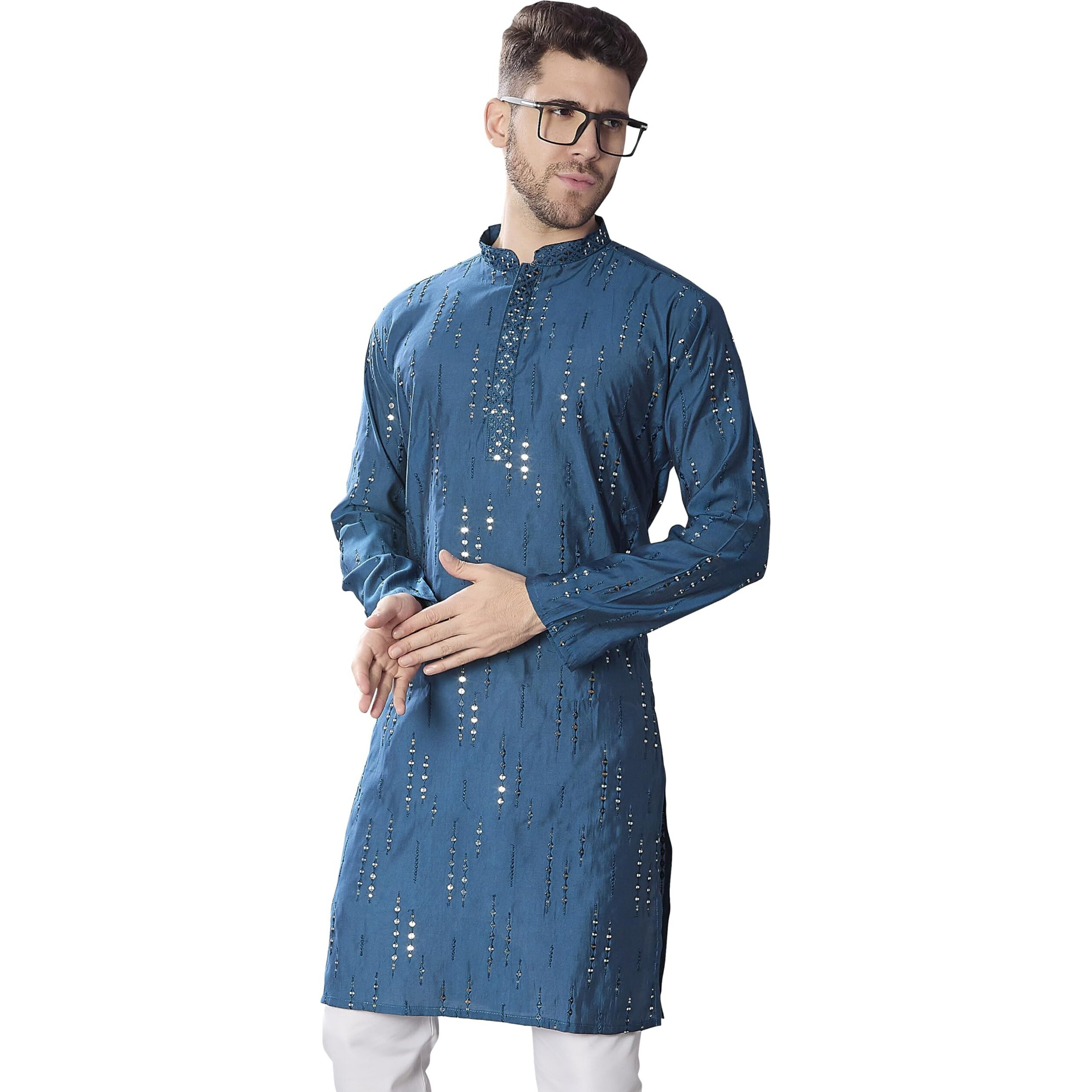 Divisive Men's Mirror Embroidered Silk Blend Only Slim Fit Kurta (Dkrt816_Xl_P Blue)