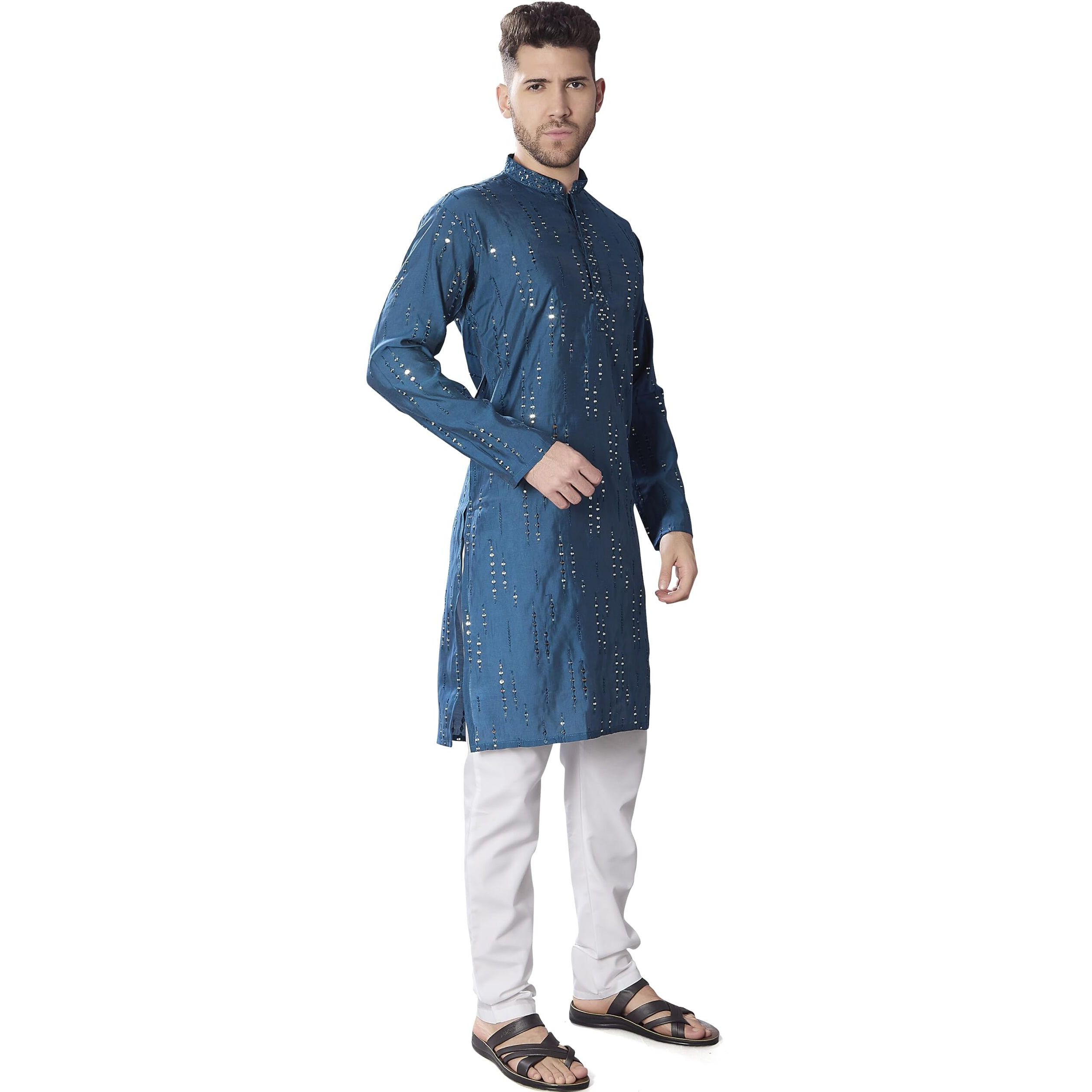 Divisive Men's Mirror Embroidered Silk Blend Only Slim Fit Kurta (Dkrt816_Xl_P Blue)
