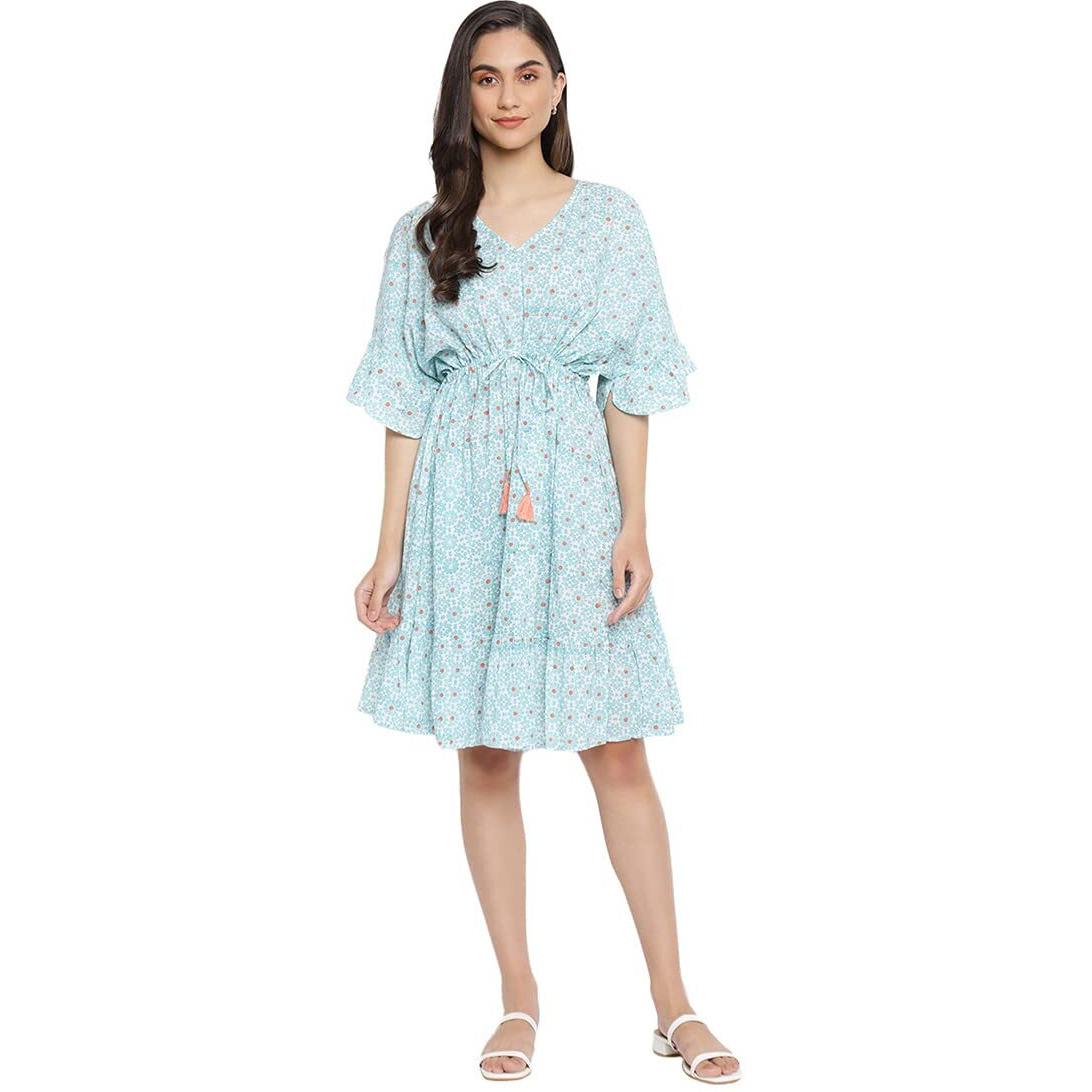 Fabindia Women Cotton Printed Beach Dress Blue_M/L