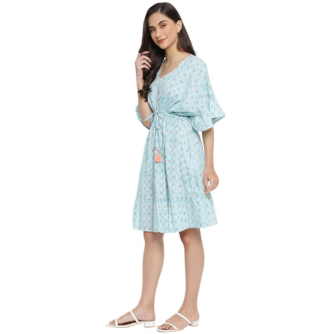 Fabindia Women Cotton Printed Beach Dress Blue_M/L