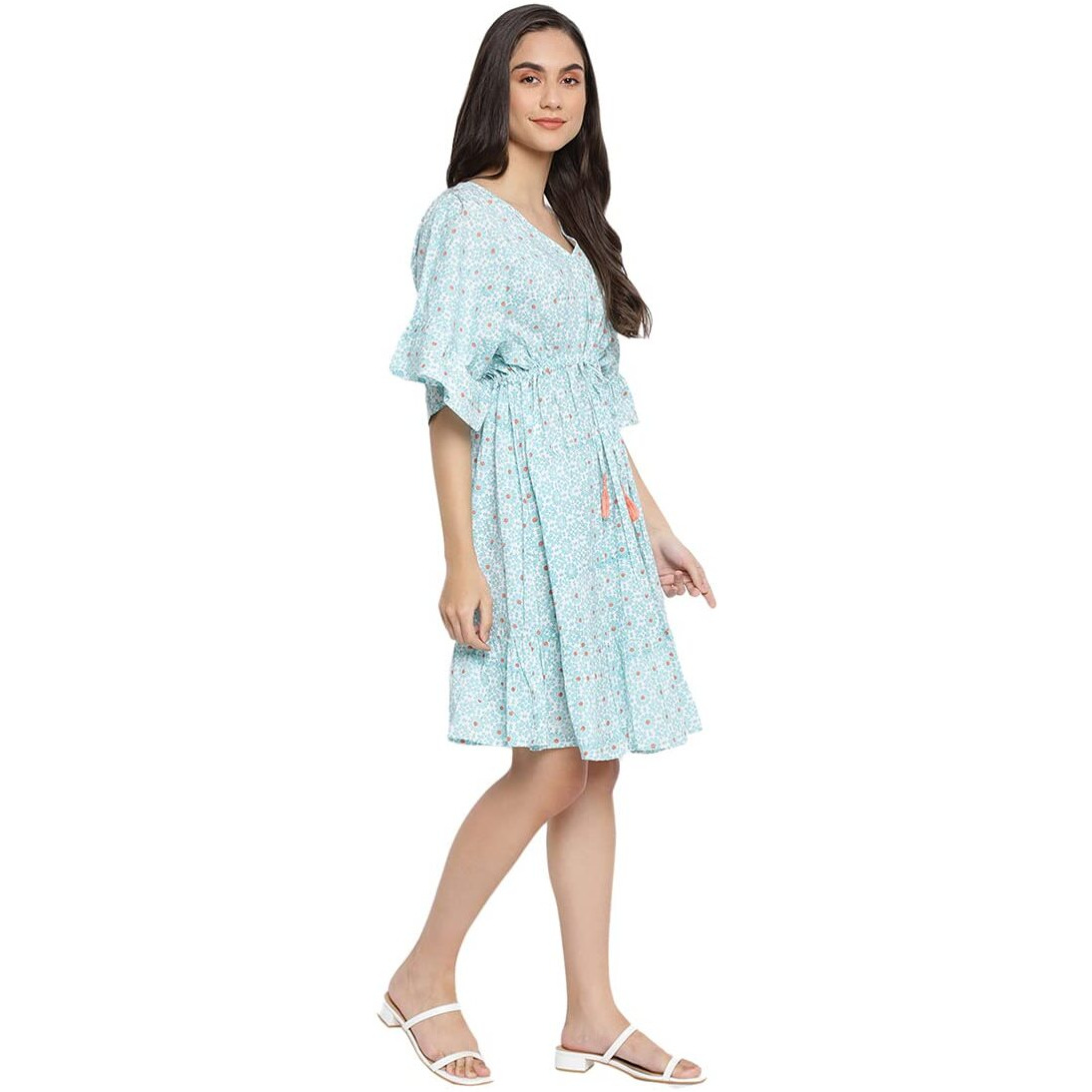 Fabindia Women Cotton Printed Beach Dress Blue_M/L
