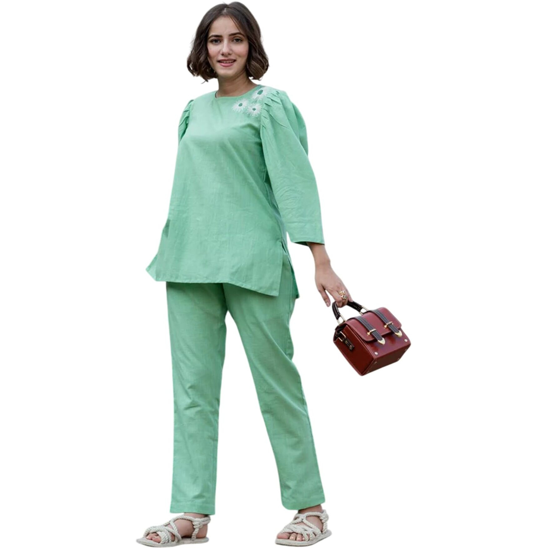 Fabnex Stylish Printed Cotton Blend Co Ord Set For Women || Casual & Festive Indo-Western Outfit (K-125-Pista-Xl)