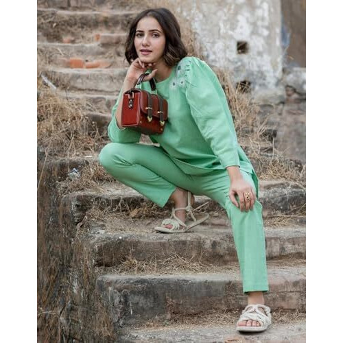 Fabnex Stylish Printed Cotton Blend Co Ord Set For Women || Casual & Festive Indo-Western Outfit (K-125-Pista-Xl)