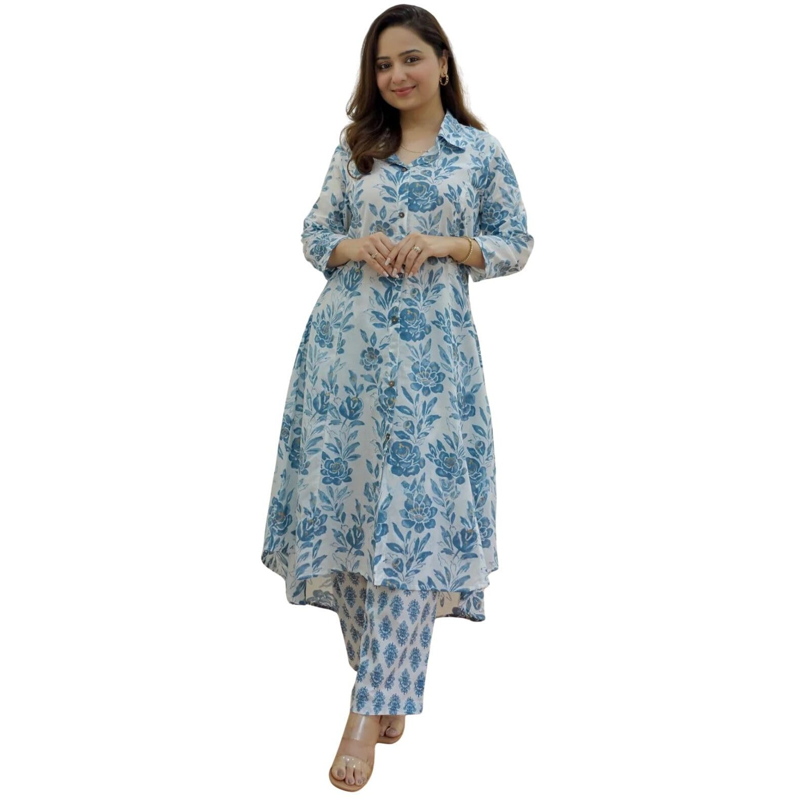 Greciilooks Women's Cotton Blend Floral Regular Fit Kurta Set (Gl-W1835_Sky Blue_L)