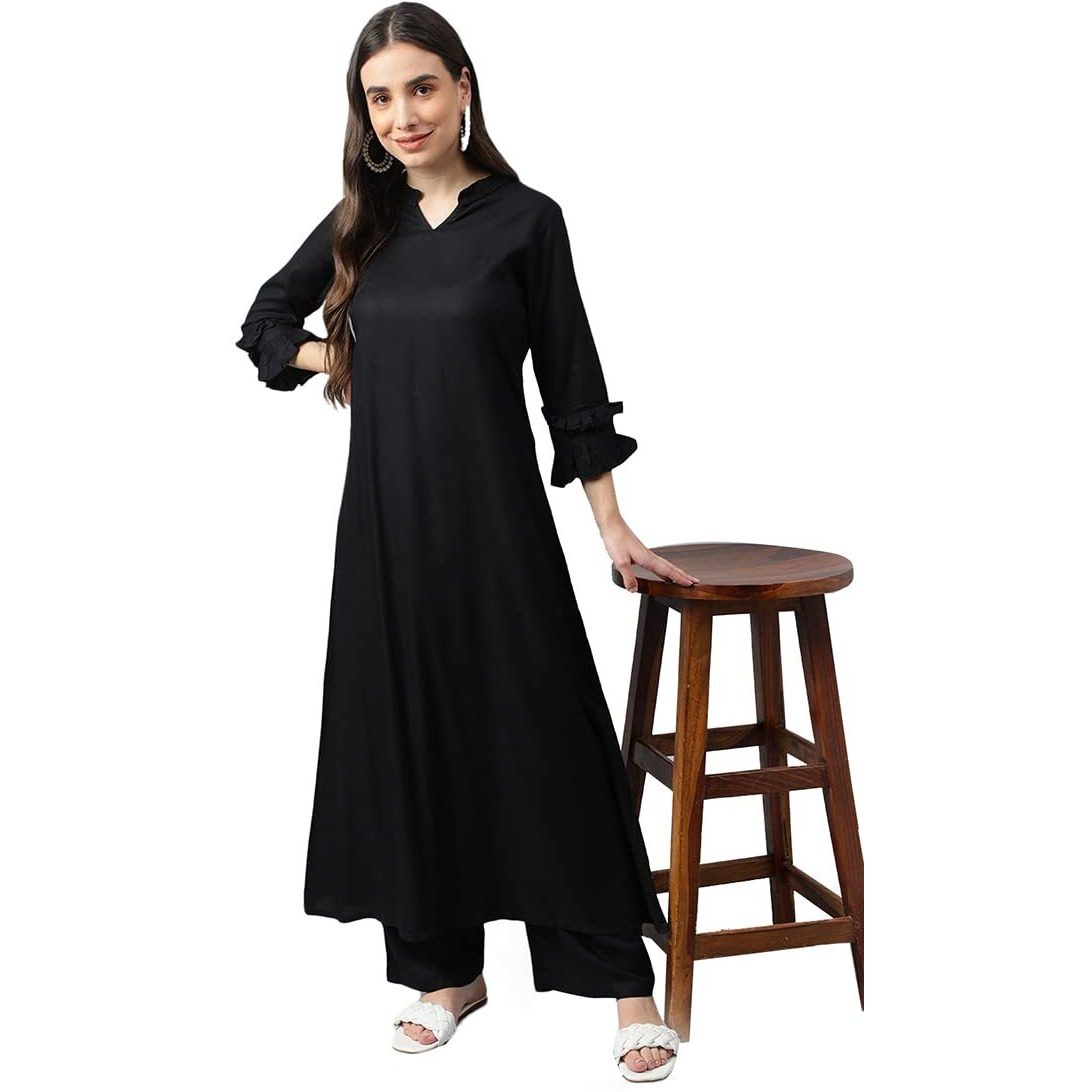 Idalia Black A-Line Rayon Kurta With Palazzo Pants