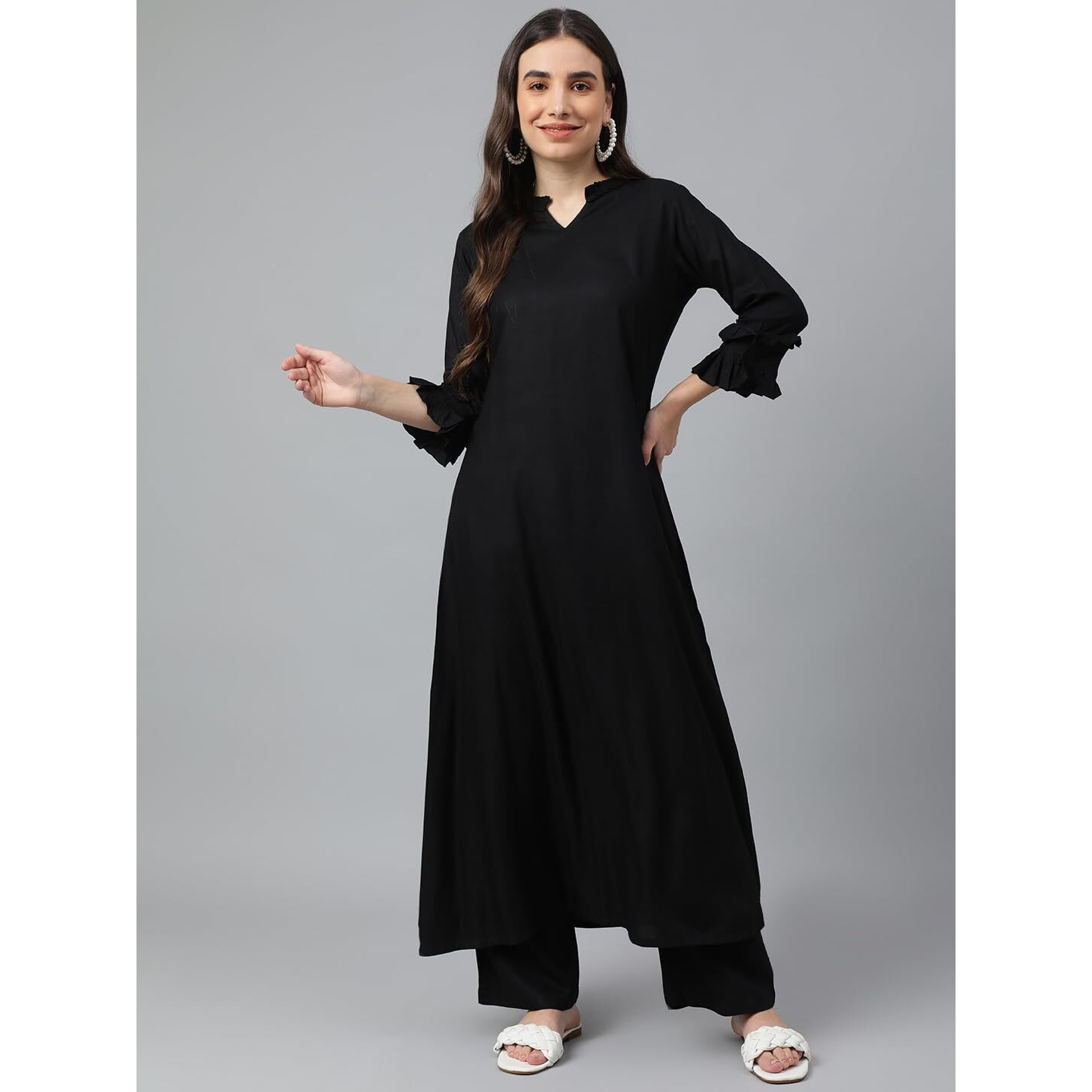 Idalia Black A-Line Rayon Kurta With Palazzo Pants