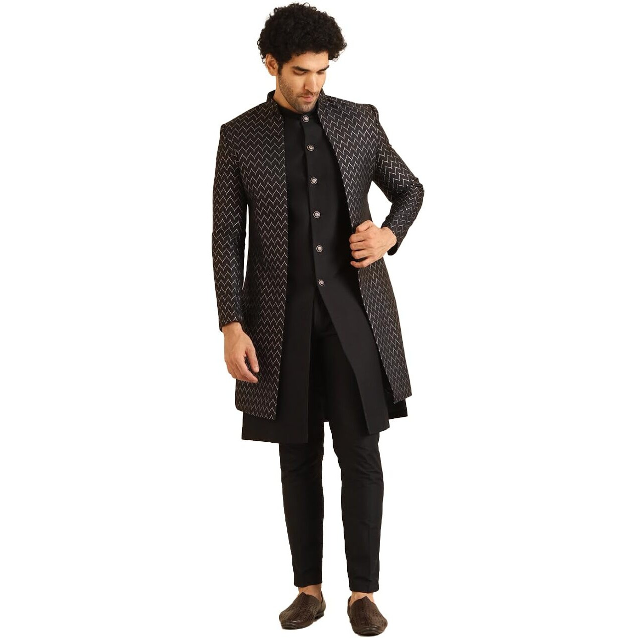 Kisah Jacket Sherwani Set For Men  Woven Design Jacquard Sherwani With Trouser | Ethnic & Formal Indian Outfit For Weddings, Celebrations & Parties, Black, 42