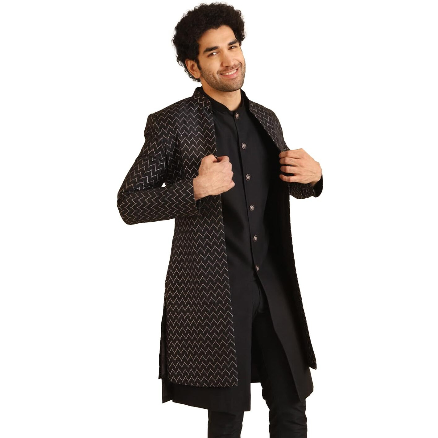Kisah Jacket Sherwani Set For Men  Woven Design Jacquard Sherwani With Trouser | Ethnic & Formal Indian Outfit For Weddings, Celebrations & Parties, Black, 42