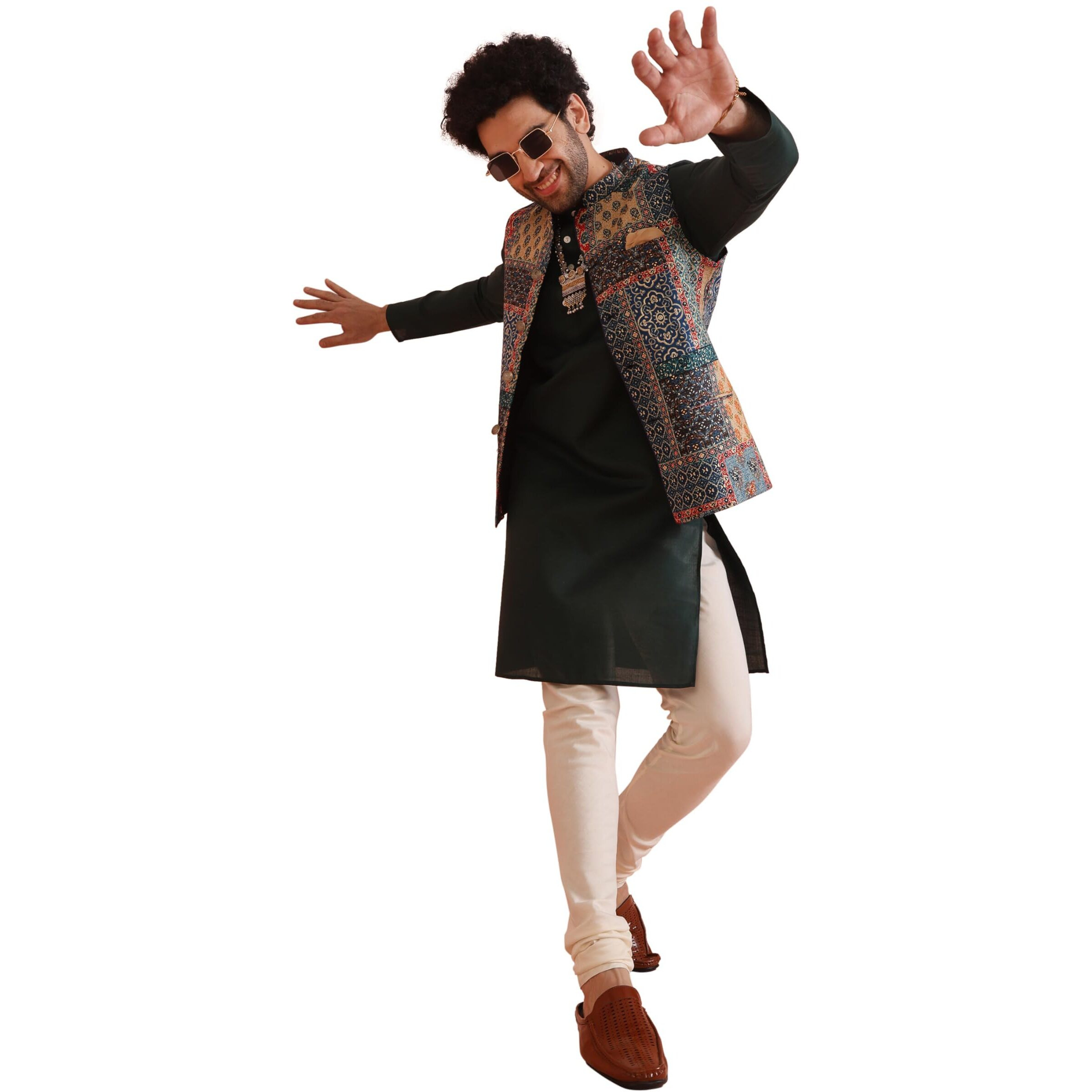 Kisah Men's Kurta Jacket Churidar Set, Multi Cotton Blend, Woven Design Long Sleeves Regular Fit Mandarin Collar (Small)