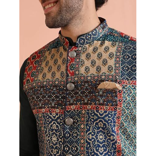 Kisah Men's Kurta Jacket Churidar Set, Multi Cotton Blend, Woven Design Long Sleeves Regular Fit Mandarin Collar (Small)
