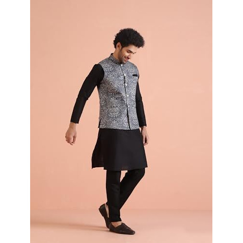 Kisah Men's Kurta Jacket Trouser Set, Black Cotton Blend, Floral Regular Fit Long Sleeves Mandarin Collar (S)