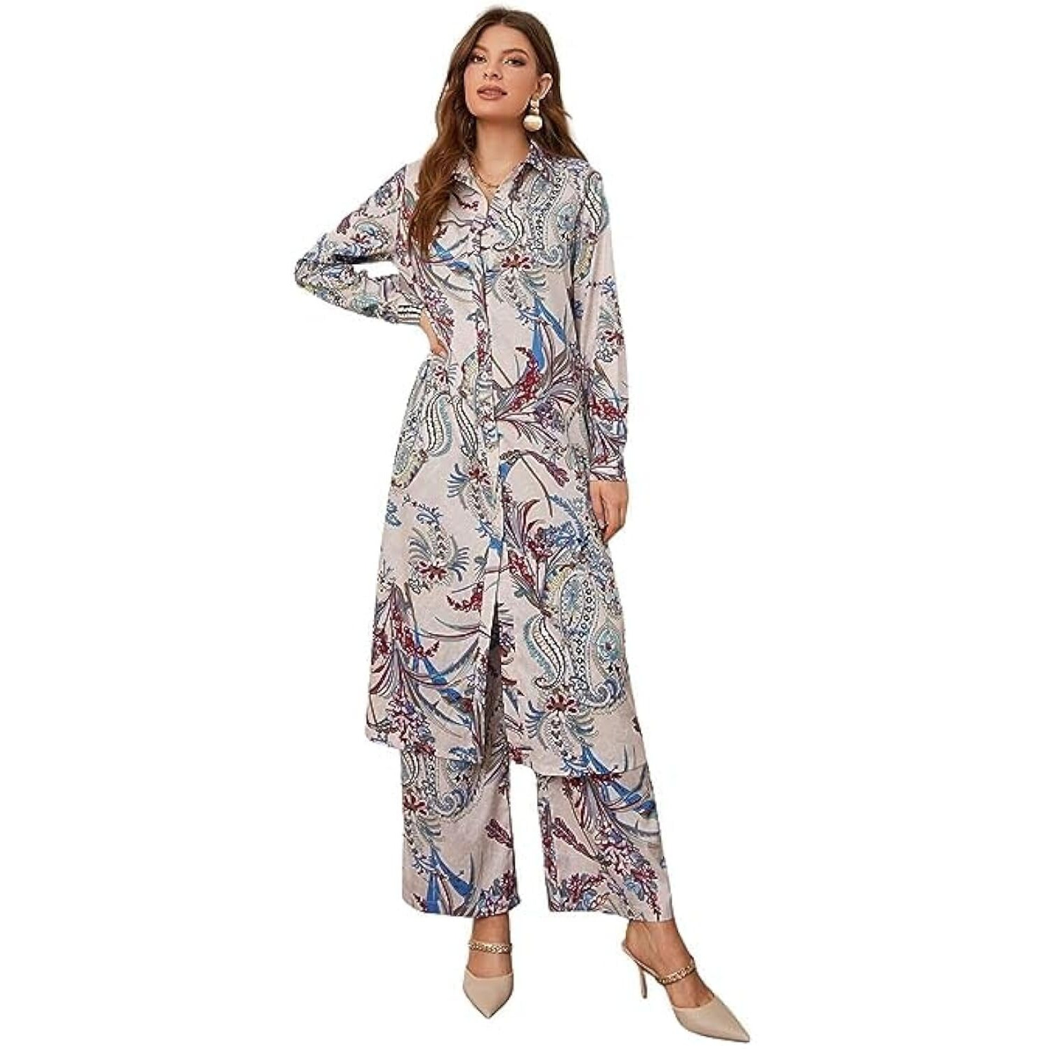 Leriya Fashion Women's Ethnic Co Ord Set || Paisley Printed Co-Ord Set For Women || Long Straight Shirt Kurta With Pant Set For Women || Gift For Women || Fancy Kurta Set (Small, Off-White)