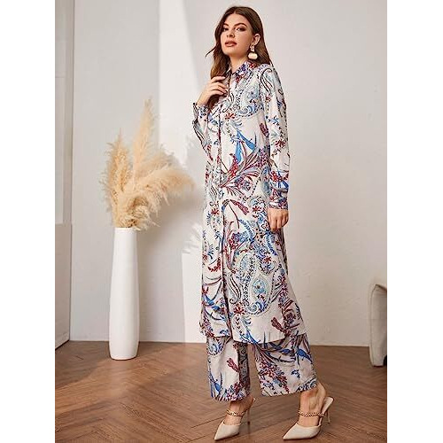Leriya Fashion Women's Ethnic Co Ord Set || Paisley Printed Co-Ord Set For Women || Long Straight Shirt Kurta With Pant Set For Women || Gift For Women || Fancy Kurta Set (Small, Off-White)