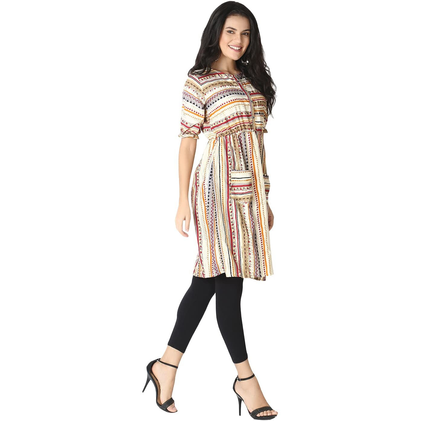 Leriya Fashion Designer Printed Fully Stitched Anarklai Kurti/Kurta For Women & Girls On Jeans Palazzo (Beige, Large)
