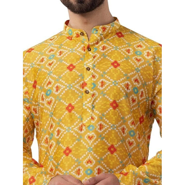 Lookmark Men's Cotton Blend Printed Long Kurta Suitable For All Indian Wedding, Occasions, And Festivals (Az-Lm-Og-Kurta 26-Xxl) Yellow