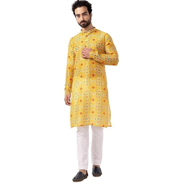 Lookmark Men's Cotton Blend Printed Long Kurta Suitable For All Indian Wedding, Occasions, And Festivals (Az-Lm-Og-Kurta 26-Xxl) Yellow