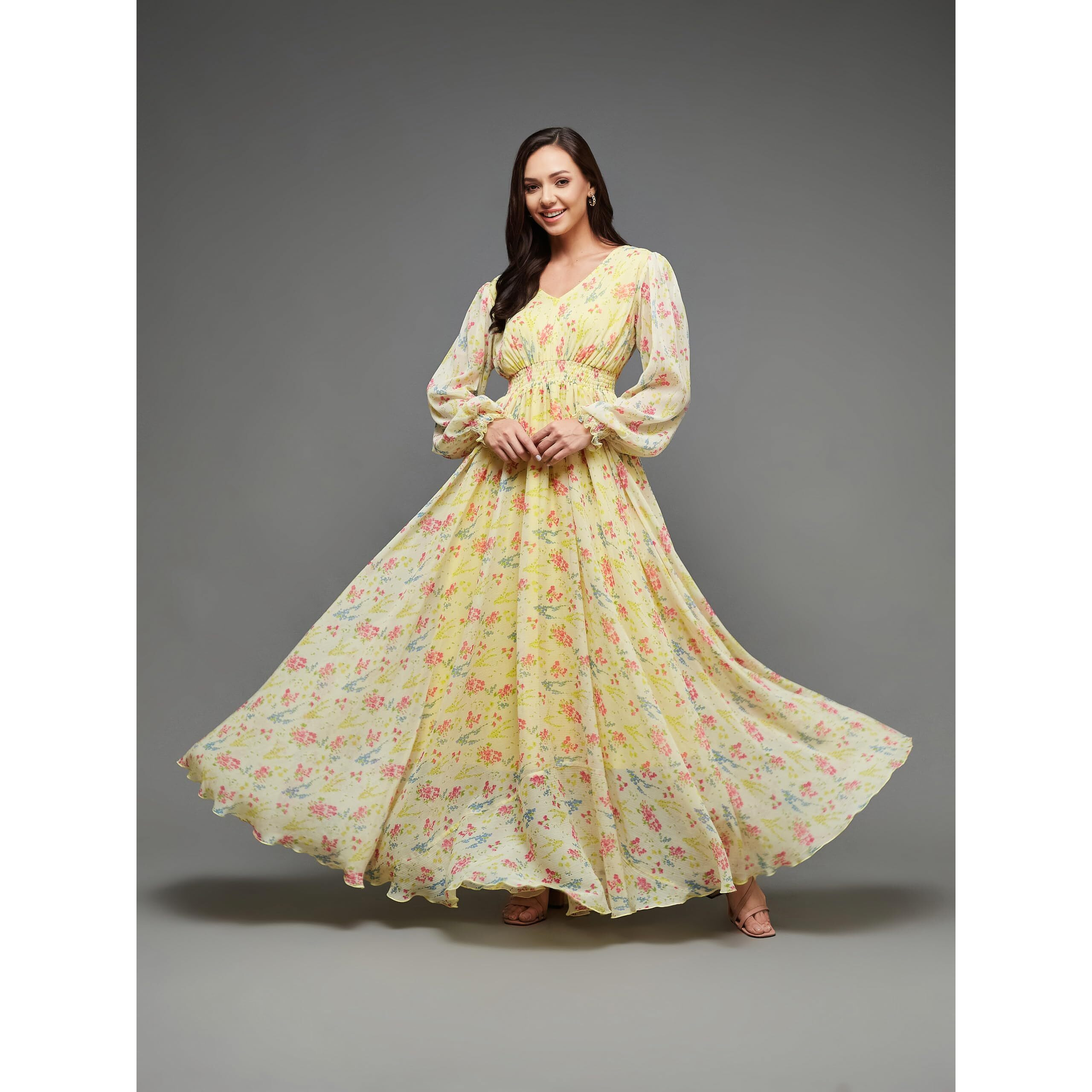 Miss Chase Women's V-Neck Bishop Sleeve Floral Gathered Chiffon Maxi Dress (Mcss23D06-65-278-04, Multicolored-Base-Lime Yellow, M)