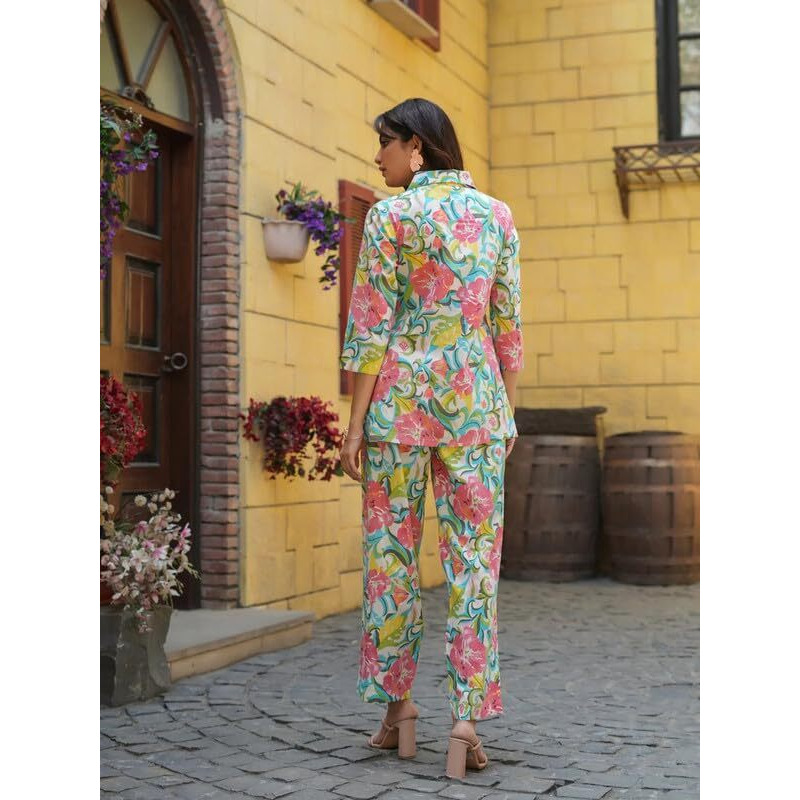 Nainvish Women's Sea Green Printed Straight Cotton Blend Shirt Collar Co-Ord Set (Sd680_Kb-M)