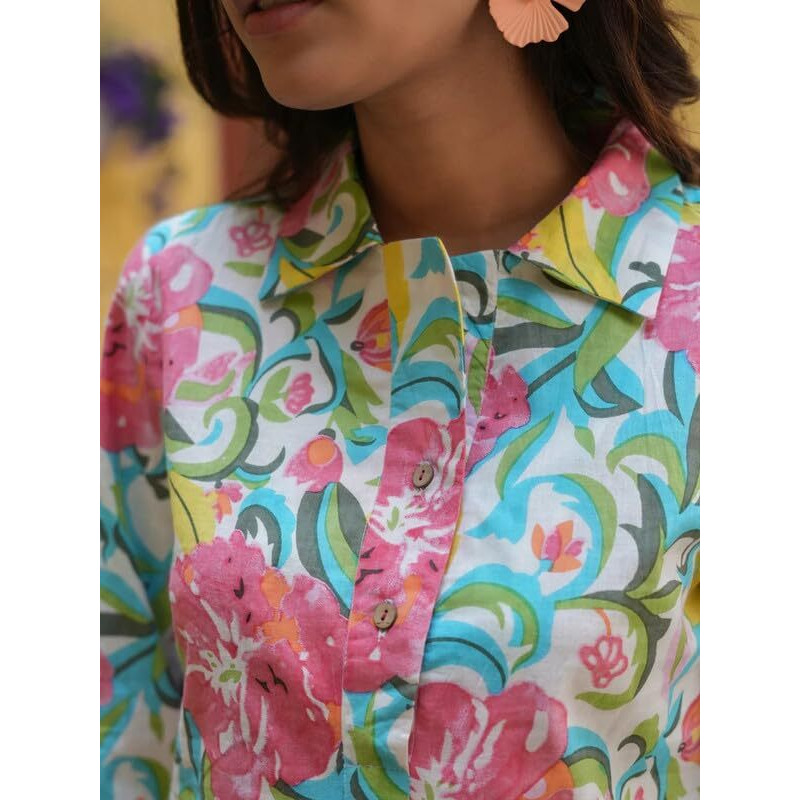 Nainvish Women's Sea Green Printed Straight Cotton Blend Shirt Collar Co-Ord Set (Sd680_Kb-M)