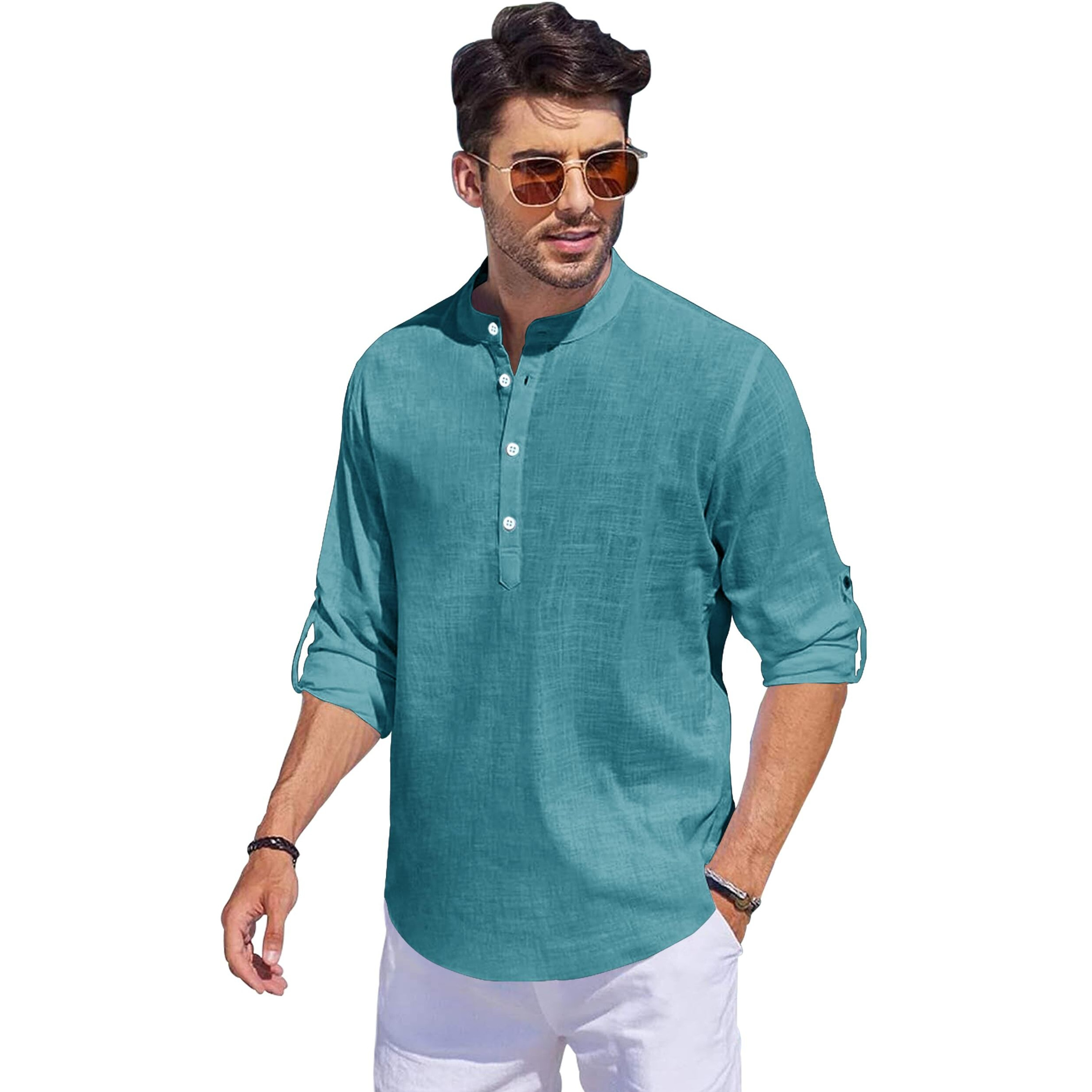 Noble Monk Men Full Sleeve Solid Casual Regular Fit Mandarin/Chinese Collor Short Kurta For Men Ink Blue