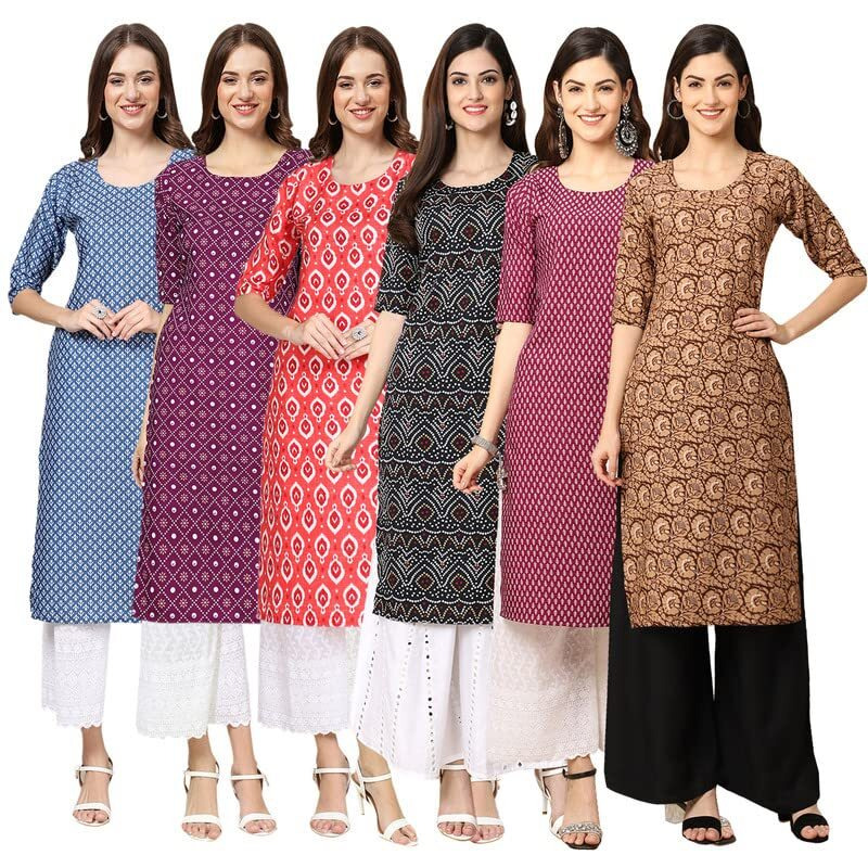 Pinkmint Women's Crepe Digital Print Straight Kurta [Pack Of 6] Multicolour
