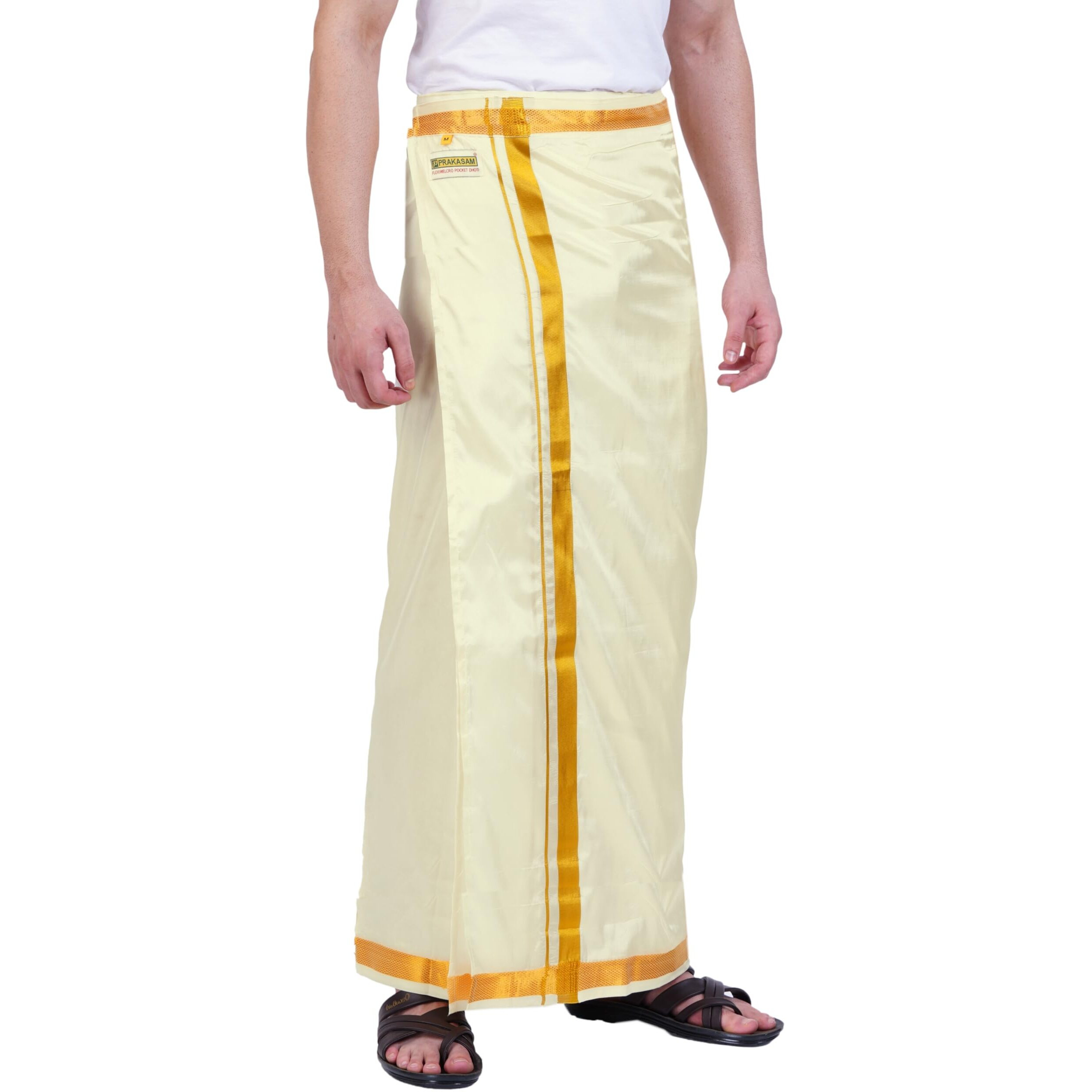 Prakasam Cotton Mens Double Layers Art Silk - Welcro Pocket Dhoti For Mens (Cream, 42)