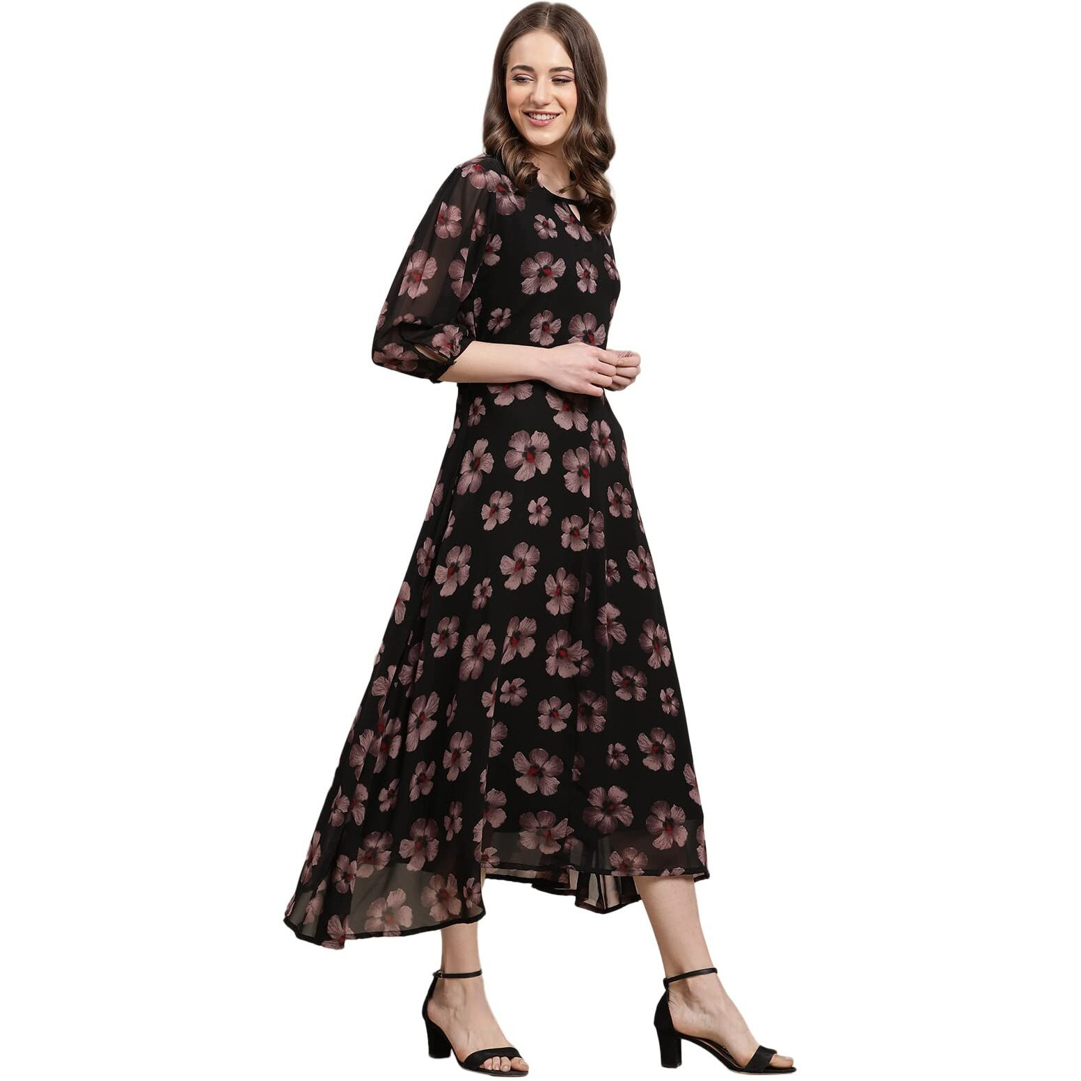 Preneum Women's Georgette Maxi Fit & Flare, Regular Sleeves, Long Gown Style, Casual Wear (In, Alpha, L, Plus, Jet Black)