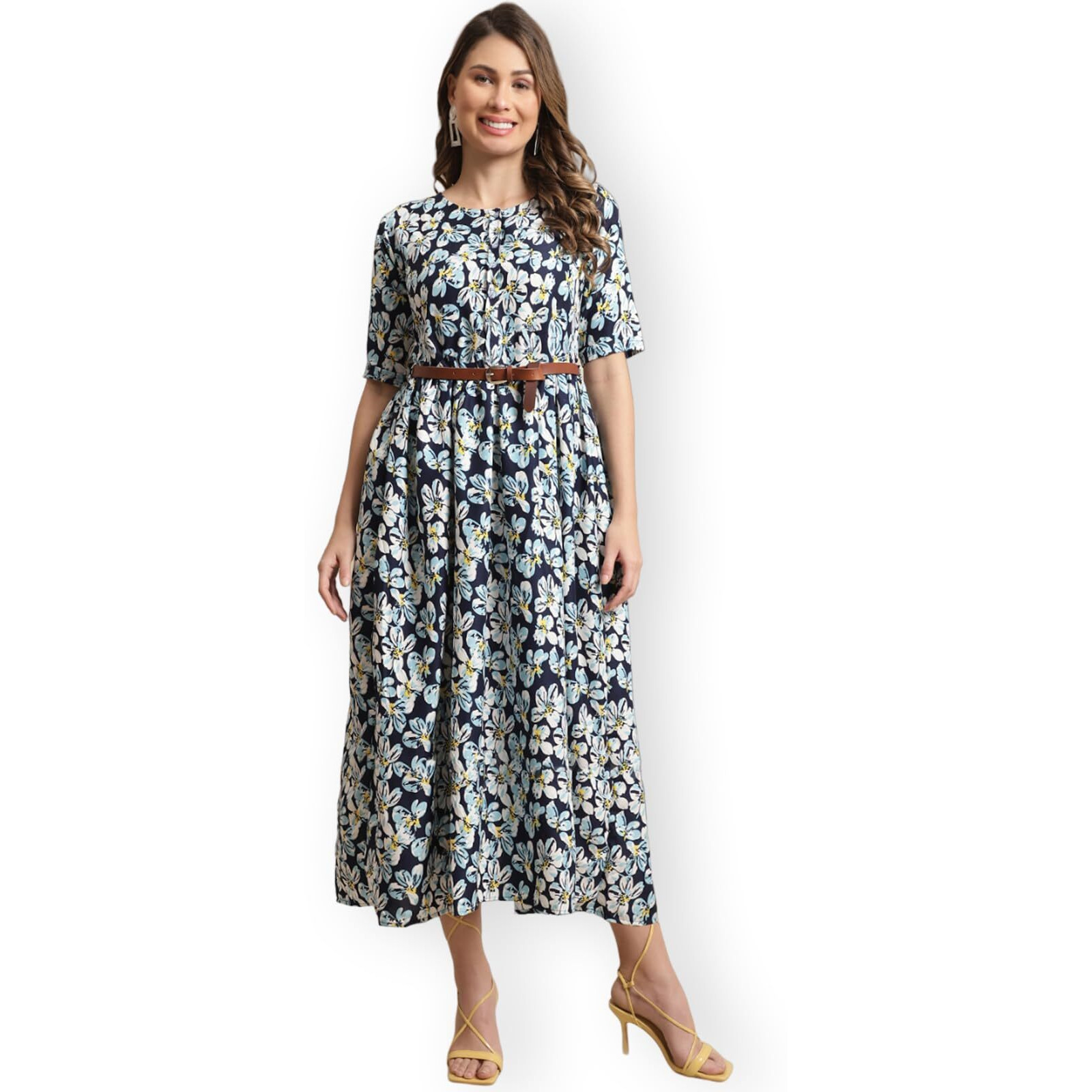 Preneum Women's Georgette Floral Printed 3/4 Slevees A-Line Fit & Flare Gown With Beltindo-Western Ethnic Gown || A-Line Maxi Dress Casual Wear || Fit & Flare Flared Hem Design, Sky Blue, M