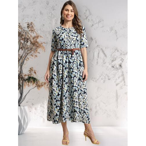 Preneum Women's Georgette Floral Printed 3/4 Slevees A-Line Fit & Flare Gown With Beltindo-Western Ethnic Gown || A-Line Maxi Dress Casual Wear || Fit & Flare Flared Hem Design, Sky Blue, M