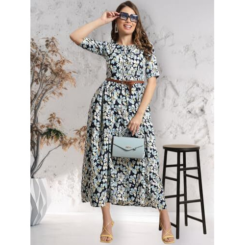 Preneum Women's Georgette Floral Printed 3/4 Slevees A-Line Fit & Flare Gown With Beltindo-Western Ethnic Gown || A-Line Maxi Dress Casual Wear || Fit & Flare Flared Hem Design, Sky Blue, M