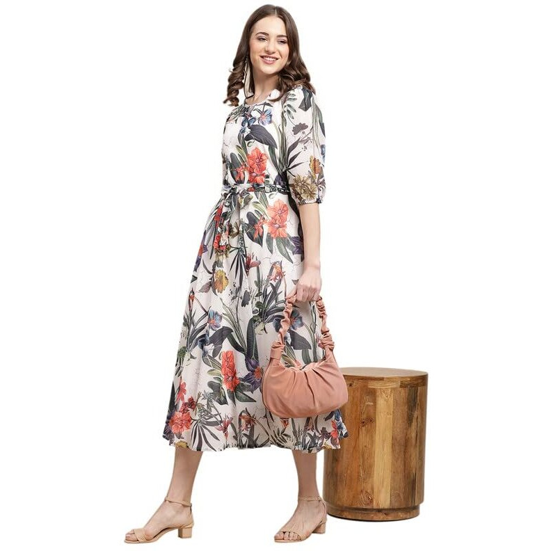 Preneum Women's Maxi Fit & Flare Latest Style Print Georgette Regular Sleeves Casual |Summer Festival & Occasion Maxi Gown,White,S