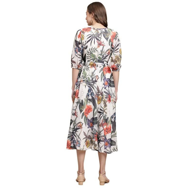 Preneum Women's Maxi Fit & Flare Latest Style Print Georgette Regular Sleeves Casual |Summer Festival & Occasion Maxi Gown,White,S