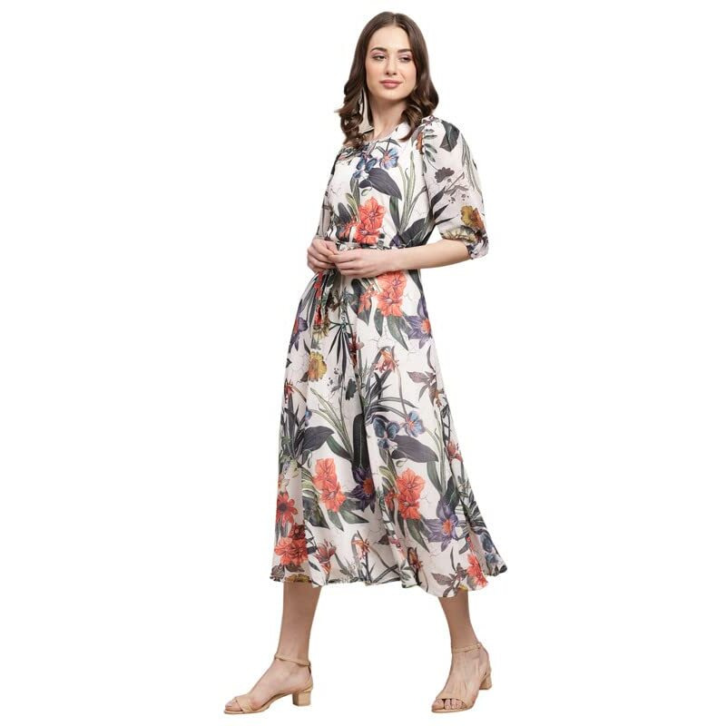 Preneum Women's Maxi Fit & Flare Latest Style Print Georgette Regular Sleeves Casual |Summer Festival & Occasion Maxi Gown,White,S
