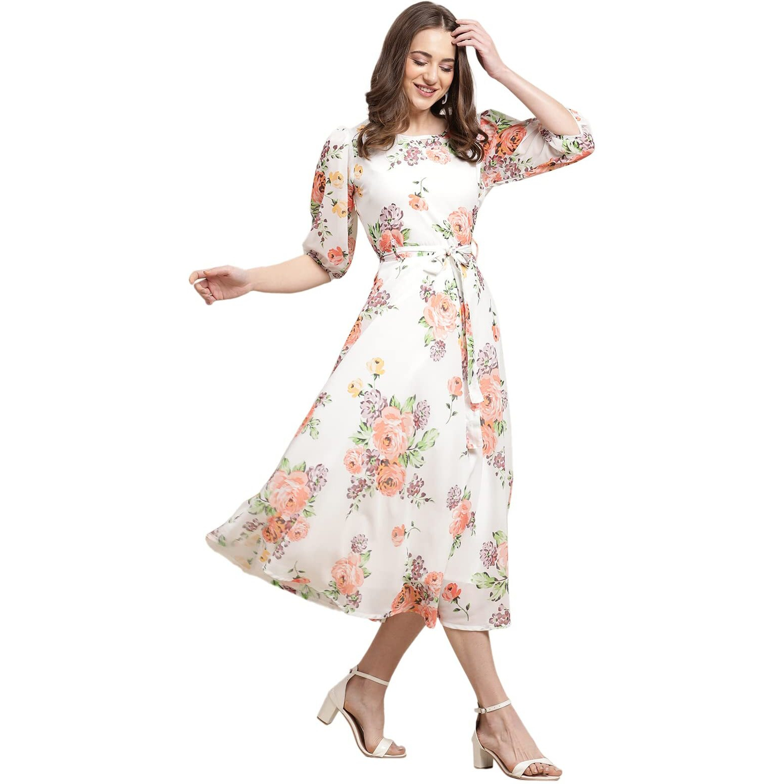 Preneum Women's Maxi Fit & Flare Latest Style Print Georgette Regular Sleeves Casual Summer Maxi Dress || Festival & Occasion, Off White, M