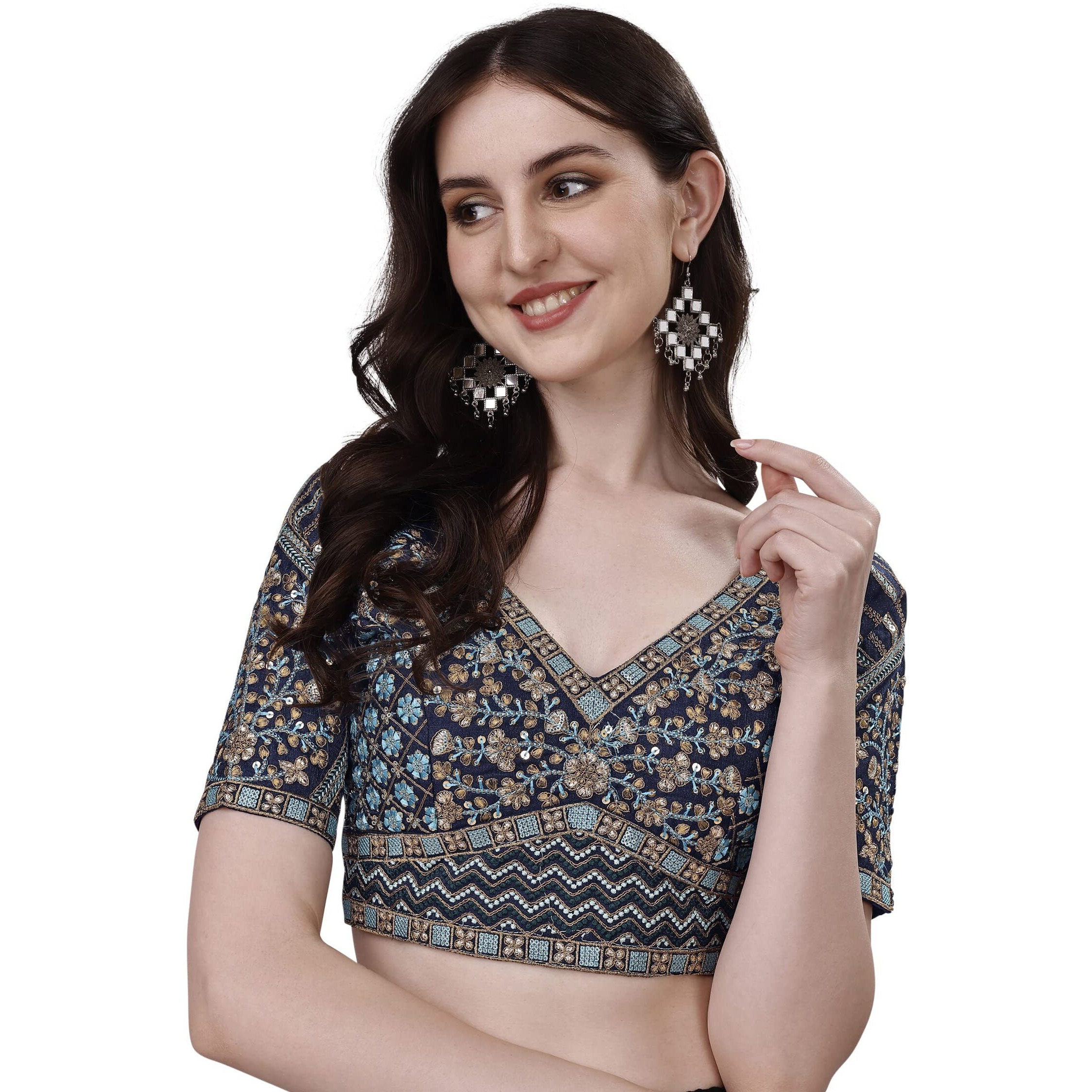Pujia Mills Mills Women's Fancy Readymade Heavy Coding Embroidary Worked Half Sleeve Navy Blue Saree Blouse(Mushroom Navy Blue_42)