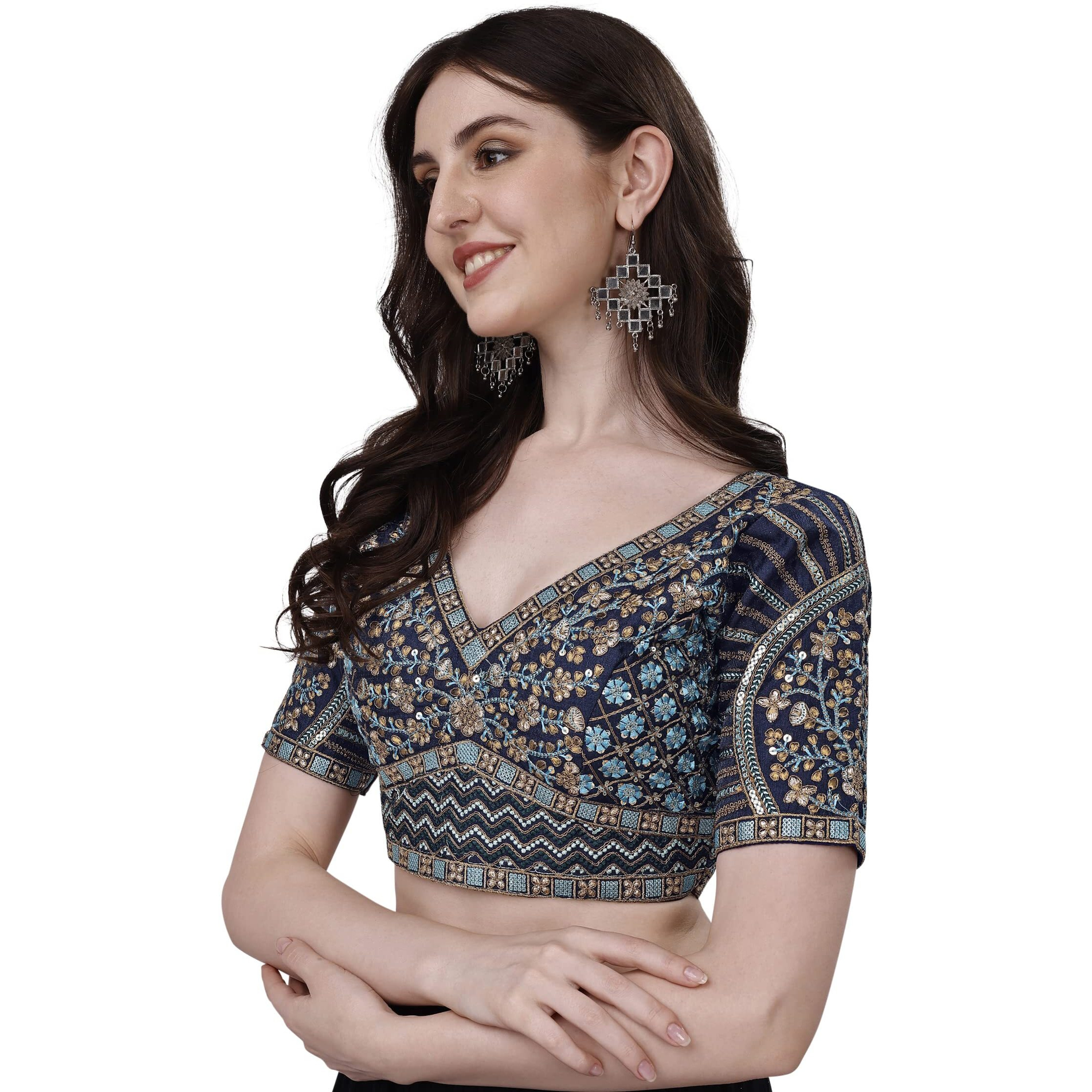 Pujia Mills Mills Women's Fancy Readymade Heavy Coding Embroidary Worked Half Sleeve Navy Blue Saree Blouse(Mushroom Navy Blue_42)