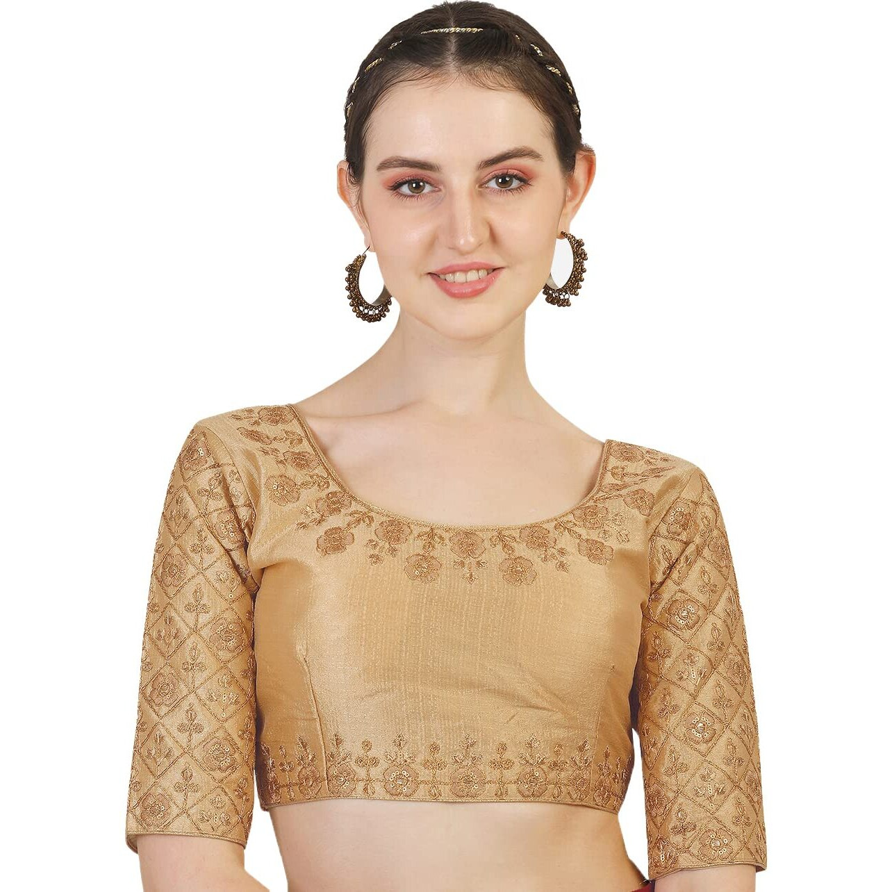 Pujia Mills Women's Phantom Silk Floral Half Sleeve Saree Blouse (Mbb_Gold_36 Size+Margin)