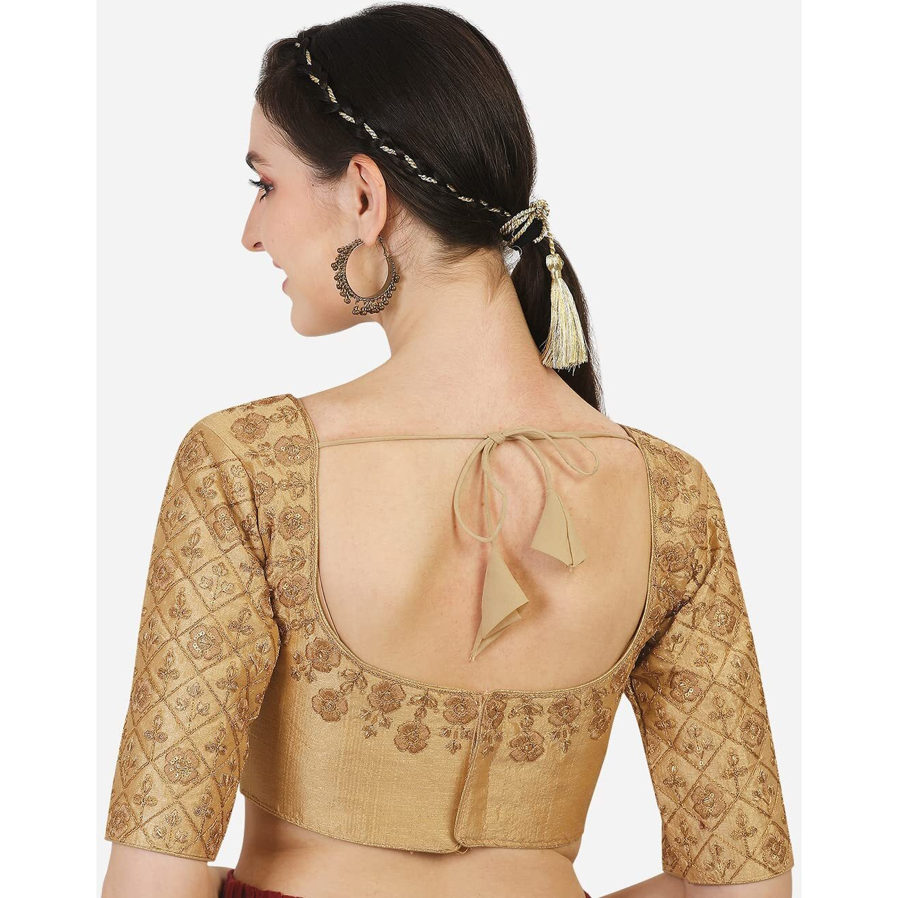 Pujia Mills Women's Phantom Silk Floral Half Sleeve Saree Blouse (Mbb_Gold_36 Size+Margin)