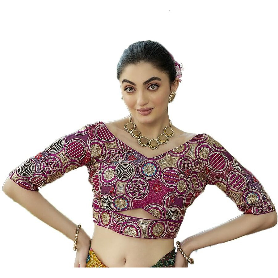 Pujia Mills Women's Blouse Readymade Blouse Embroidery Multi Coding Gold Thread Blouses Handwork Wine Color Readymade Saree Blouse For Women For Saree And Lehenga Choli (A2420 Wine 42)