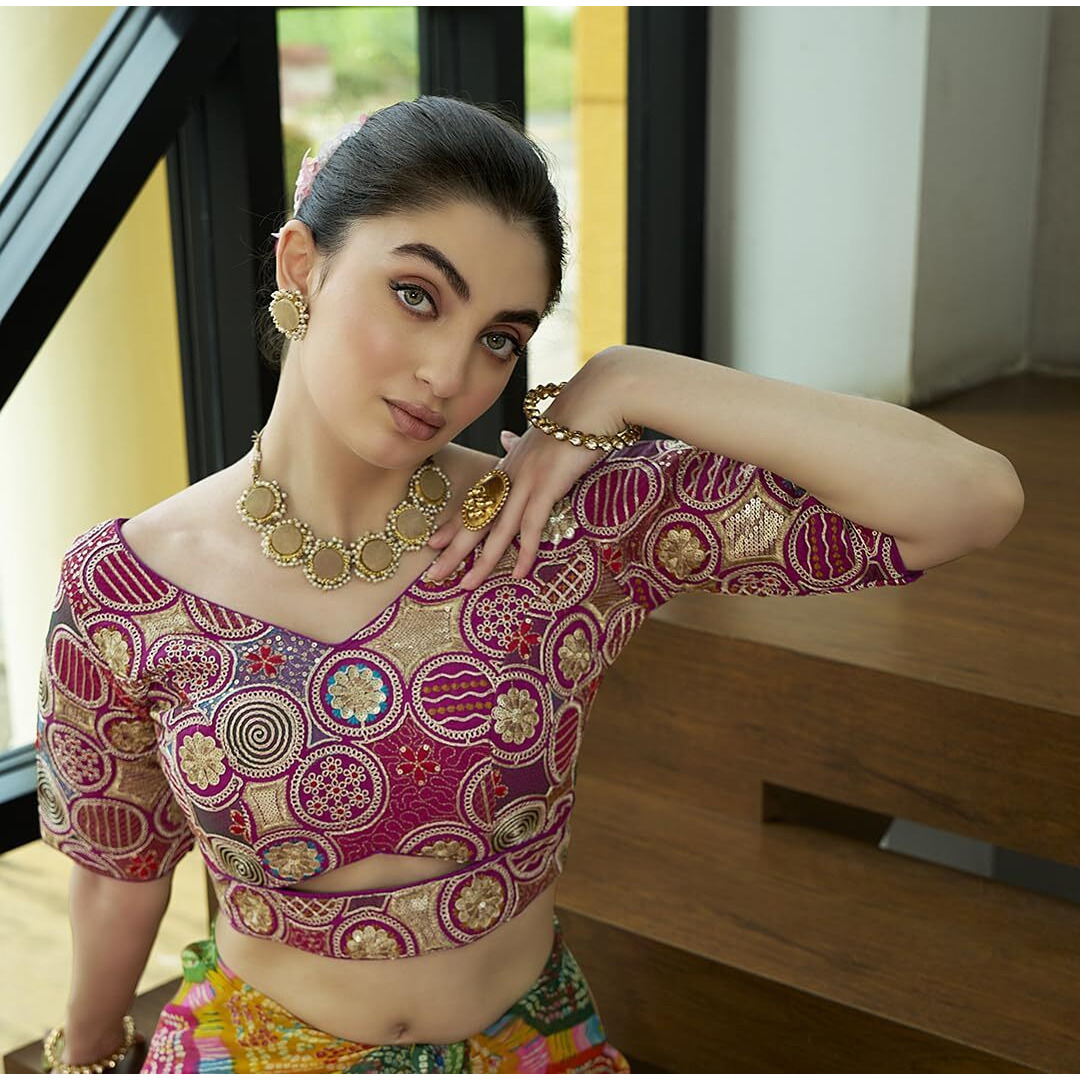 Pujia Mills Women's Blouse Readymade Blouse Embroidery Multi Coding Gold Thread Blouses Handwork Wine Color Readymade Saree Blouse For Women For Saree And Lehenga Choli (A2420 Wine 42)