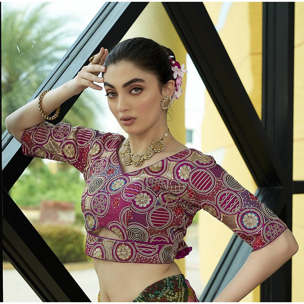 Pujia Mills Women's Blouse Readymade Blouse Embroidery Multi Coding Gold Thread Blouses Handwork Wine Color Readymade Saree Blouse For Women For Saree And Lehenga Choli (A2420 Wine 42)