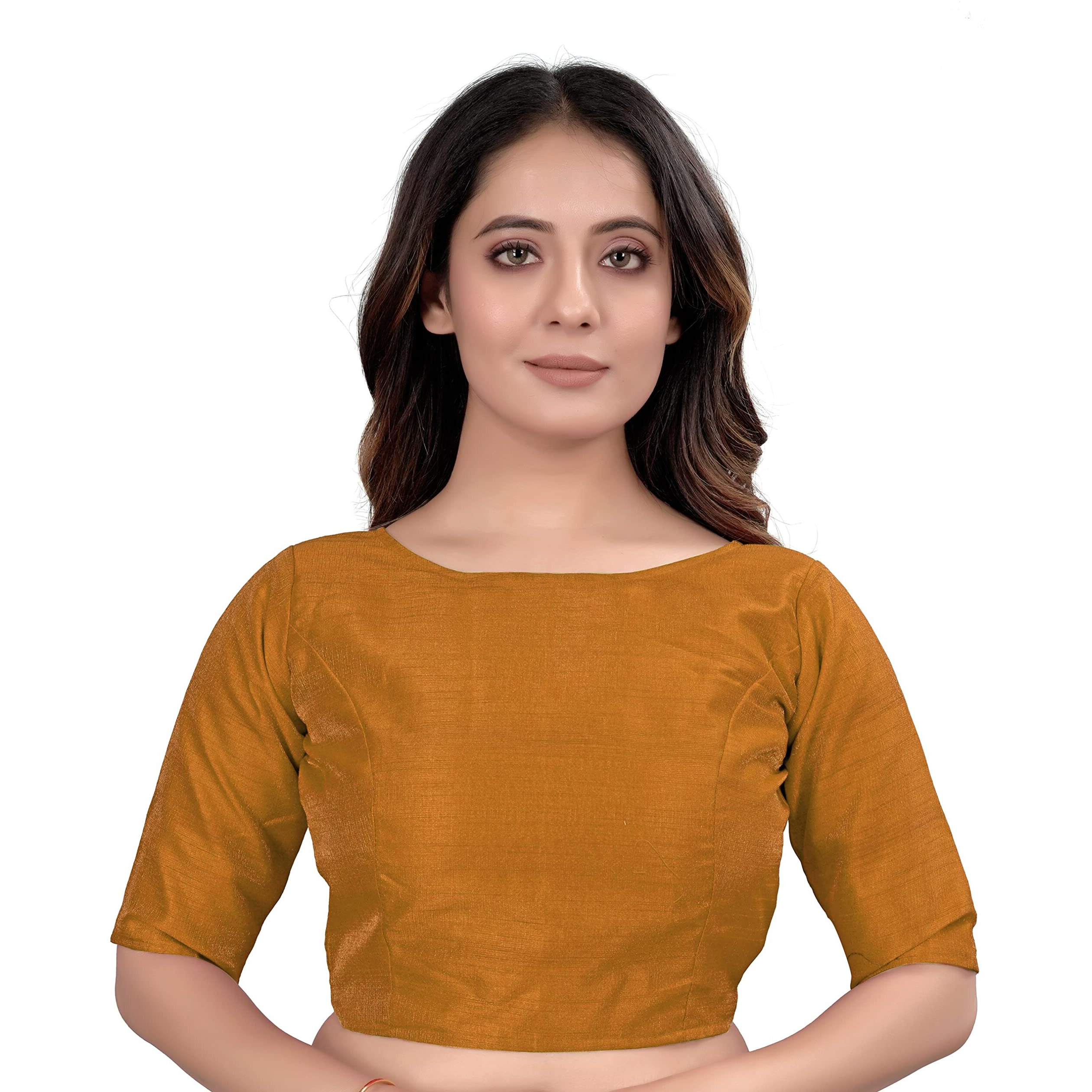 Pujia Mills Women's Slub Silk Boat Neck With Elbow Length Sleeve Plain Fancy Blouse(Slub Mustard_M)