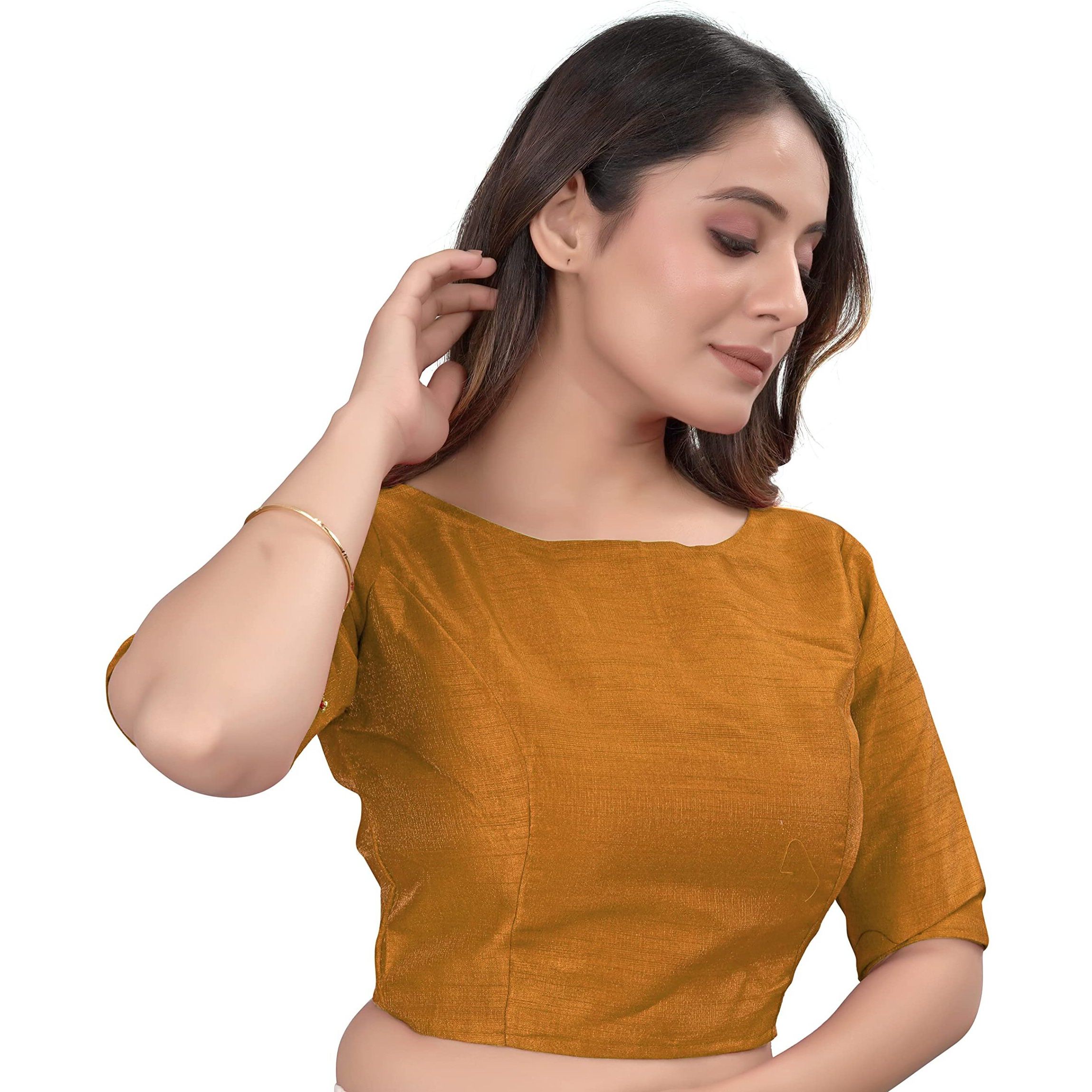 Pujia Mills Women's Slub Silk Boat Neck With Elbow Length Sleeve Plain Fancy Blouse(Slub Mustard_M)