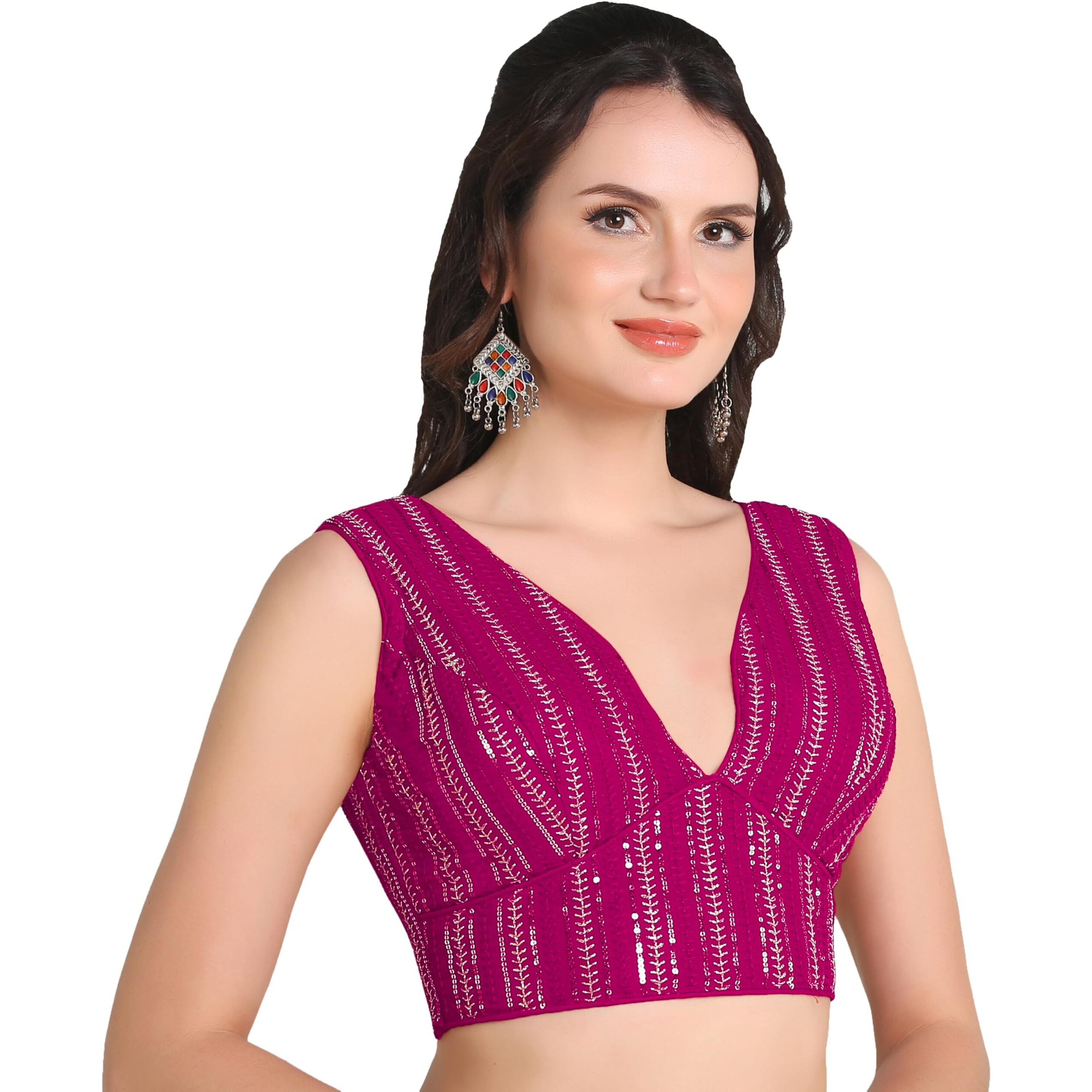 Pujia Mills Women's Indian Ethnic Wear Sabyasachi Sequence With Dhaga Embroidered Zari Work Sweetheart Neck Blouse Sleeveless Readymade Padded Saree Back Open String Pattern Blouse